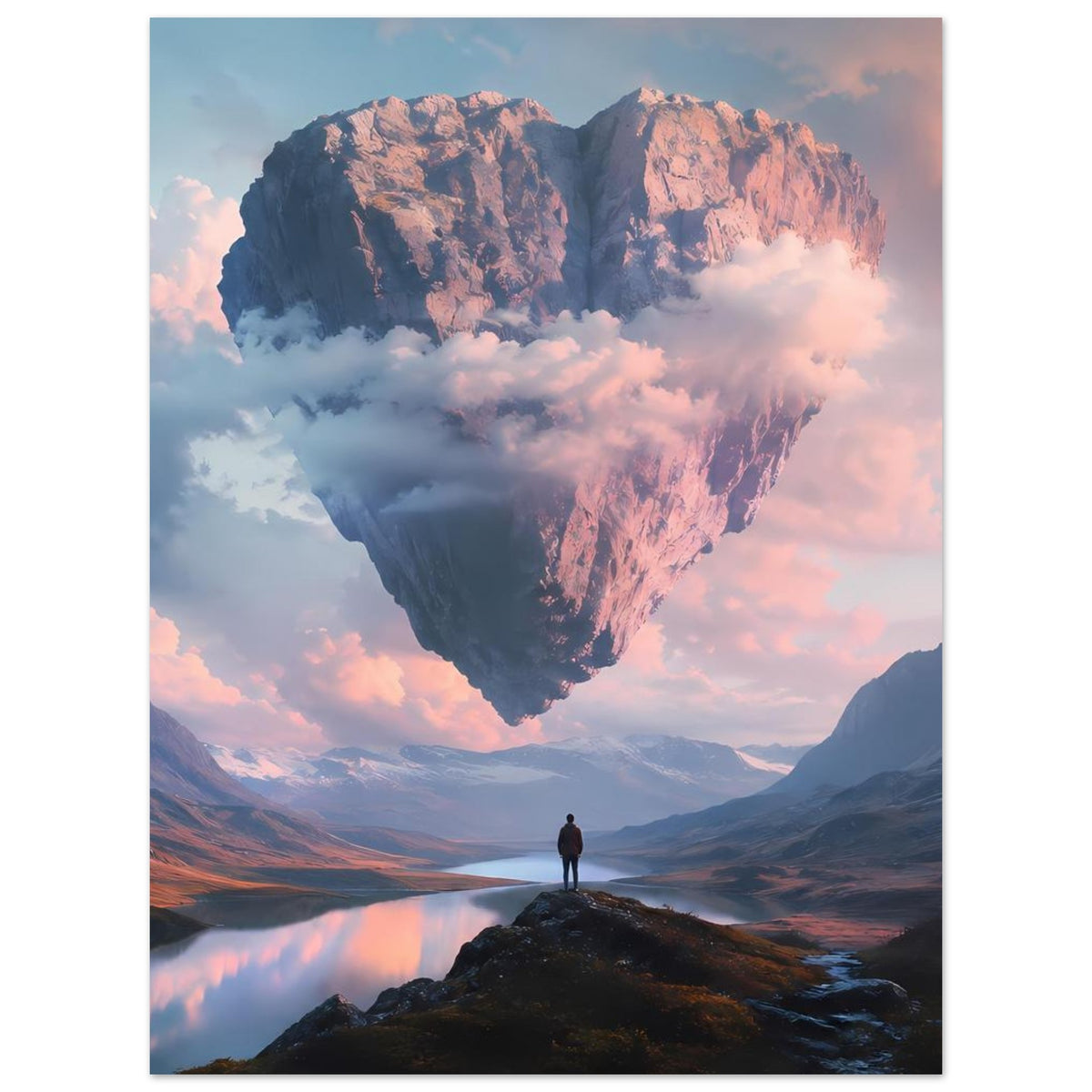 Poster mit schwebendem Felsherz über Bergsee, stehende Person auf dunklem Gipfel