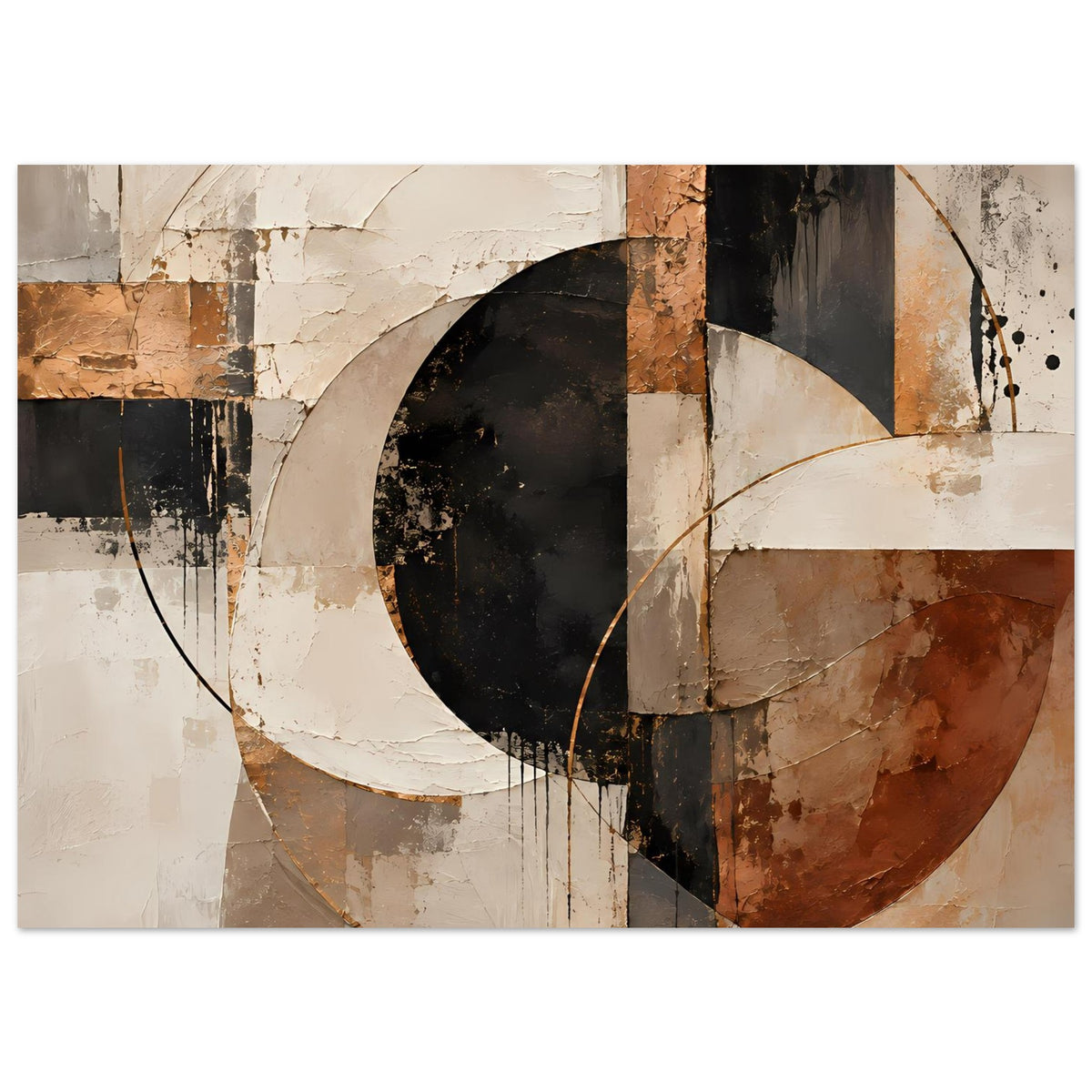 Horizontales Poster mit Kreissegmenten und Sprenkeln in schwarz, creme und rostbraun