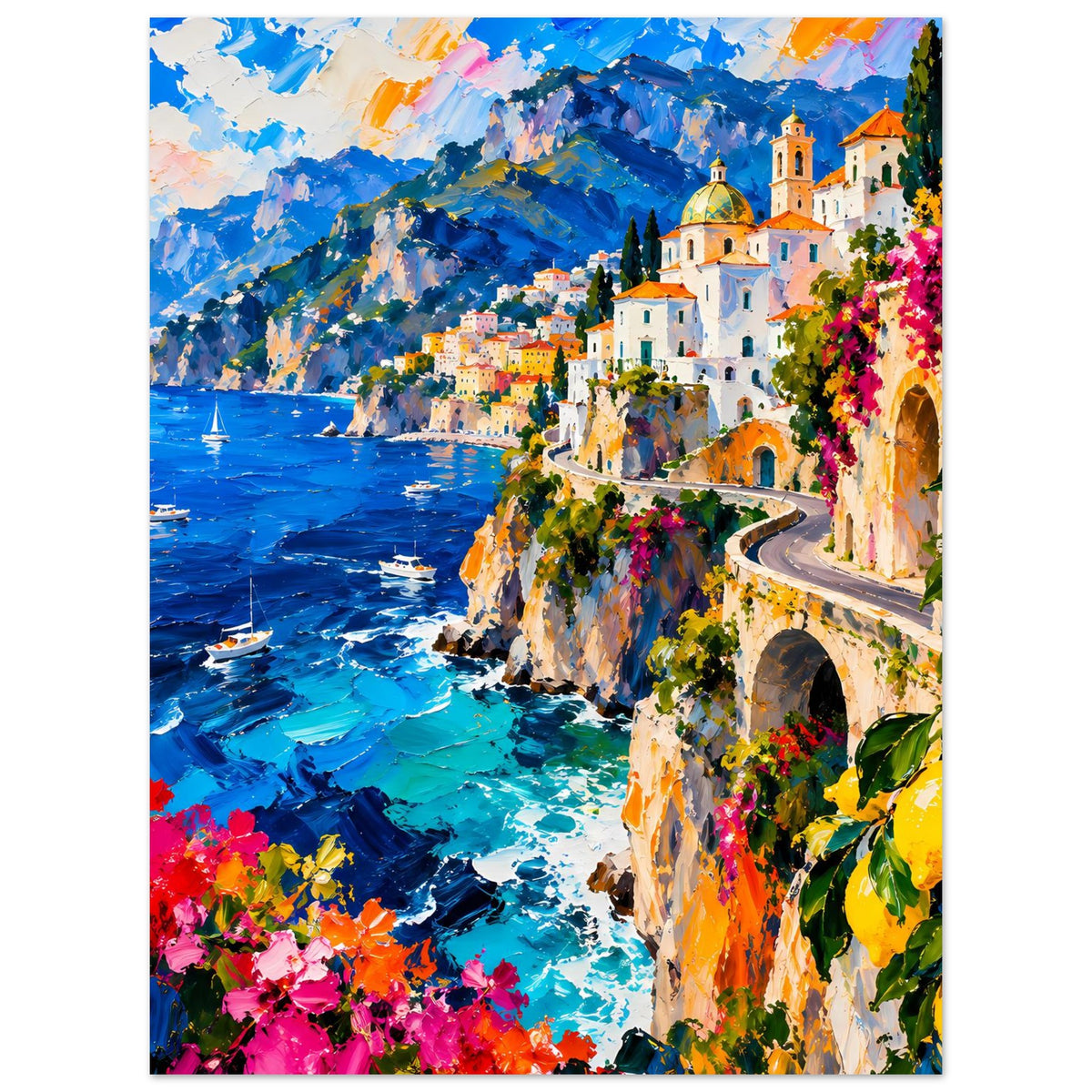 Landschaftsposter im Hochformat: mediterrane Häuser am Uferweg, Meer und blühende Pflanzen