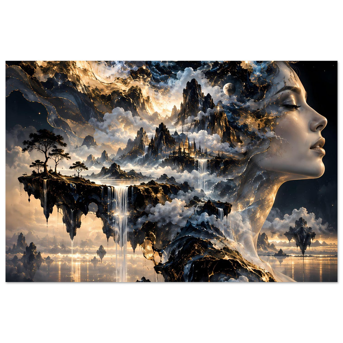 Kosmos-Poster im Querformat: Profil einer Statue vor Sternenhimmel und Nebel