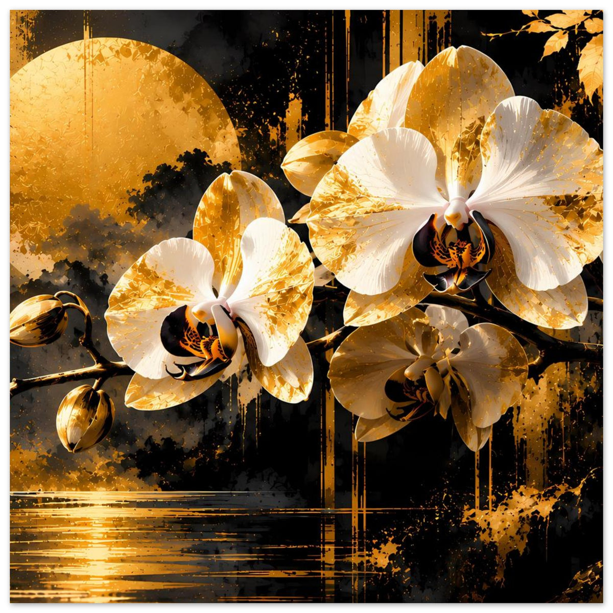Blumenposter mit goldweißen Orchideenblüten, goldene Strukturen und dunkle Farbflecken
