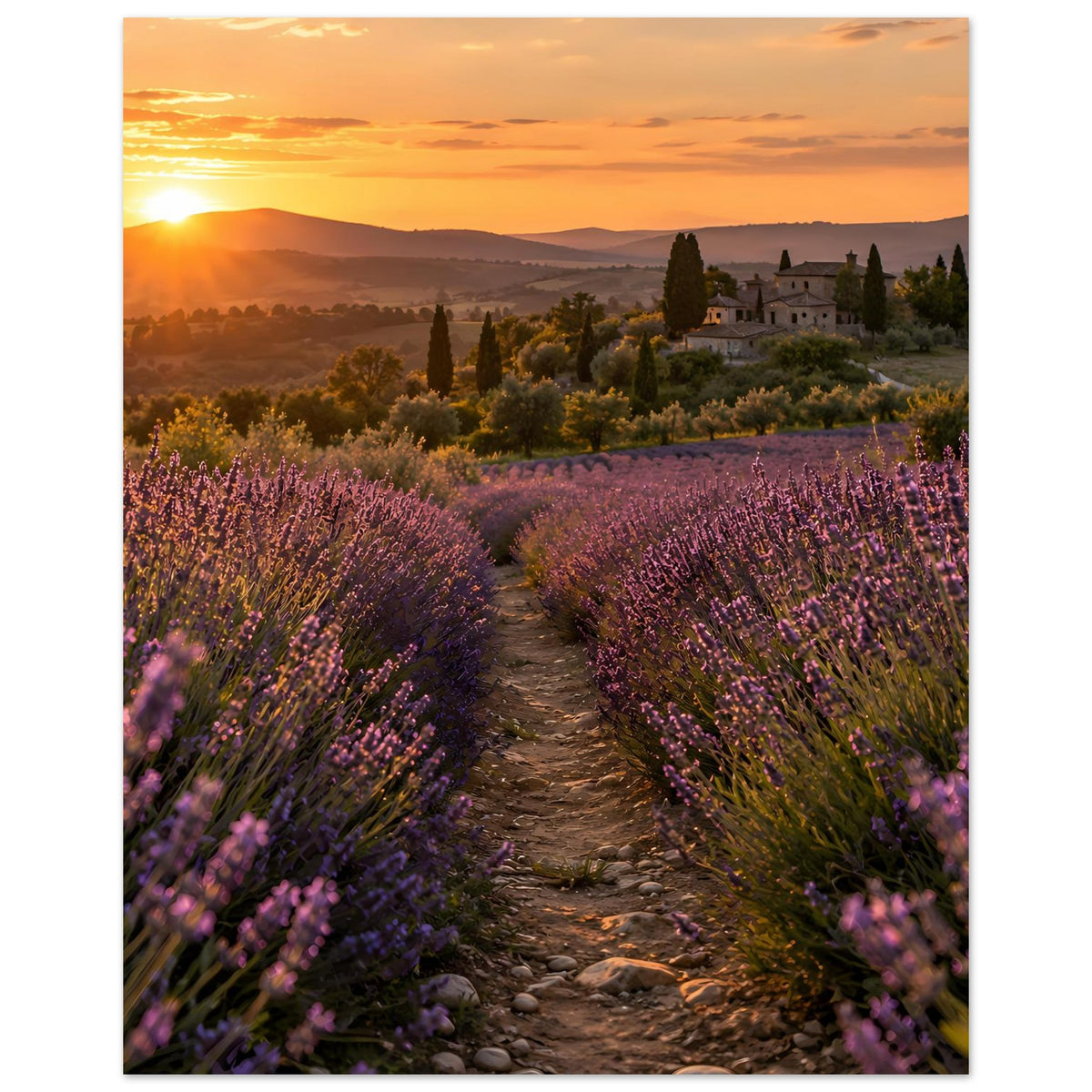 Landschaftsposter vertikal: Lavendelreihen mit Feldweg und Schloss im Hintergrund