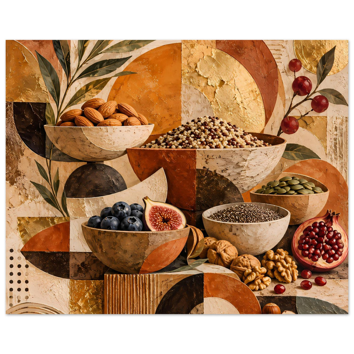 Kunstposter Stillleben großformatig: Schalen mit Nüssen, Beeren und Kreisbögen