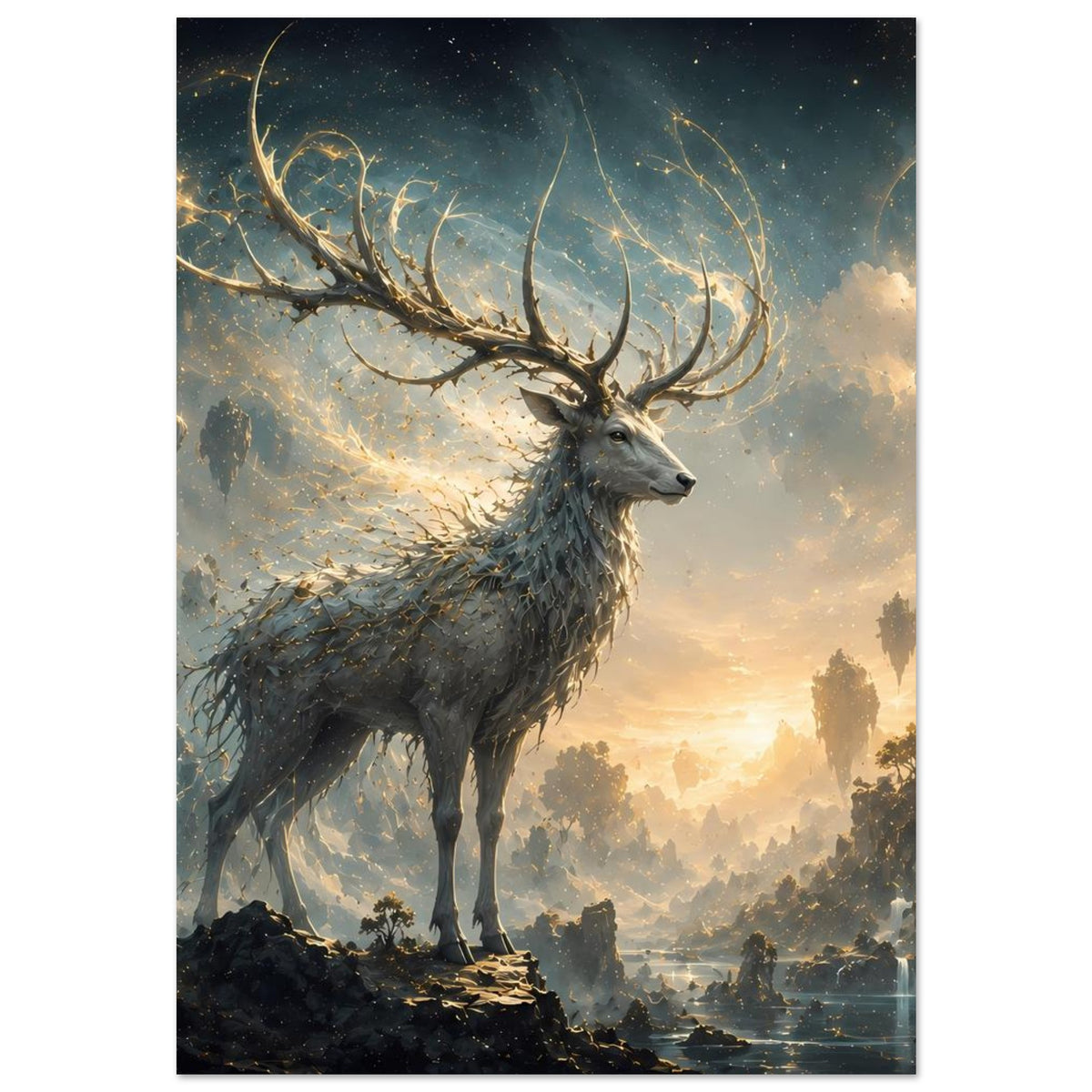 Fantasy-Hirsch Poster im Hochformat, Hirsch im Vordergrund mit funkelndem Sternhimmel