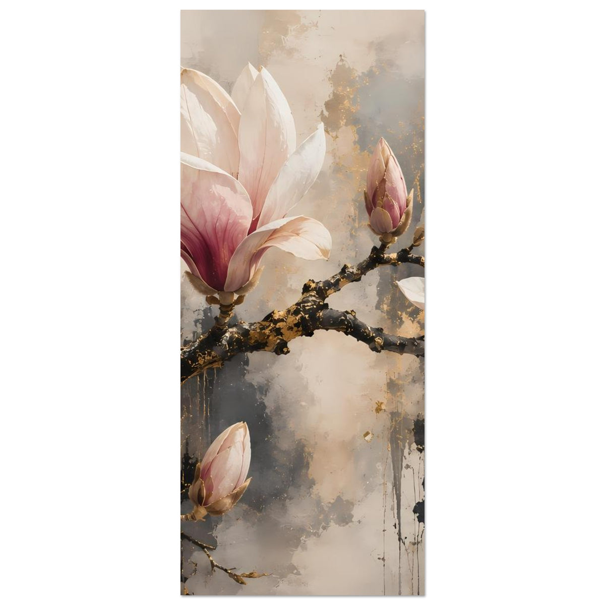 Magnolien-Blütenposter (hochkant): goldener Ast mit Magnolia-Blüten, überwiegend rechte Bildhälfte