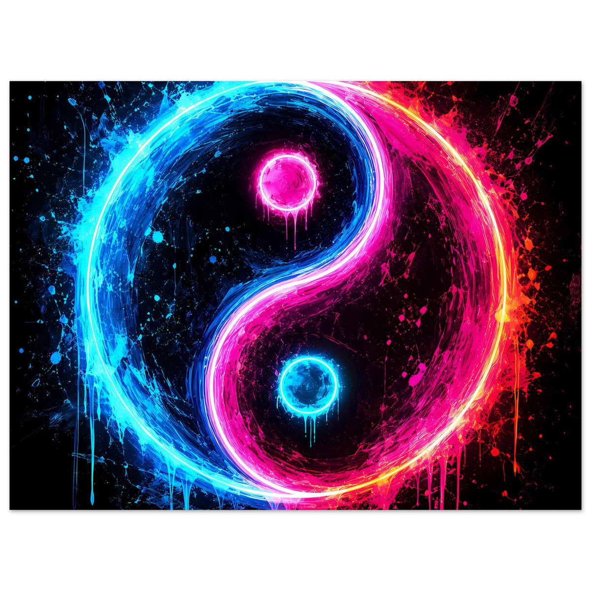 Poster mit leuchtendem Yin-Yang in Neonblau und Pink, umgeben von Farbspritzern