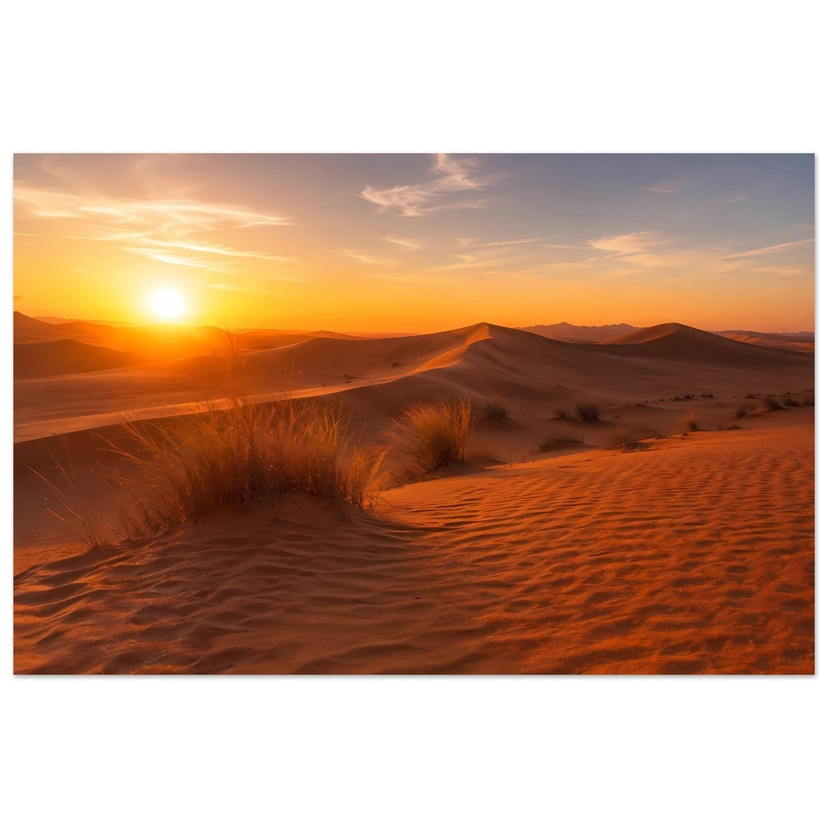 Wüstenlandschafts-Poster im Querformat mit goldener Sonne und Dünen im Sonnenuntergang
