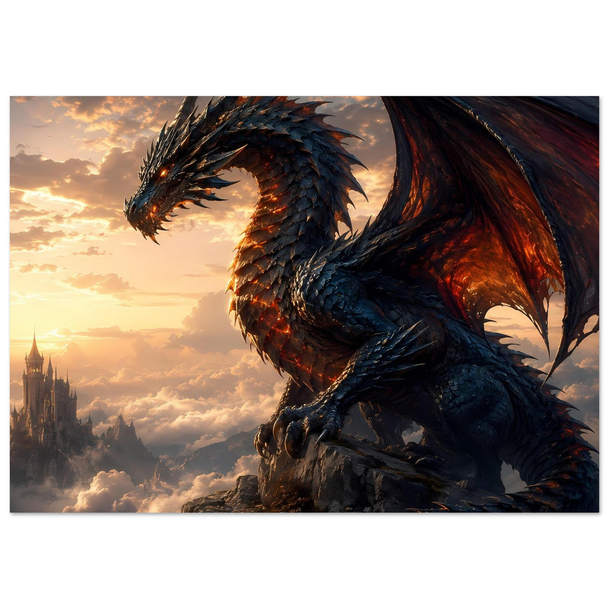 Drachenfantasy-Poster: blauer Drache im Halbprofil, glühende Augen und dramatische Flügel