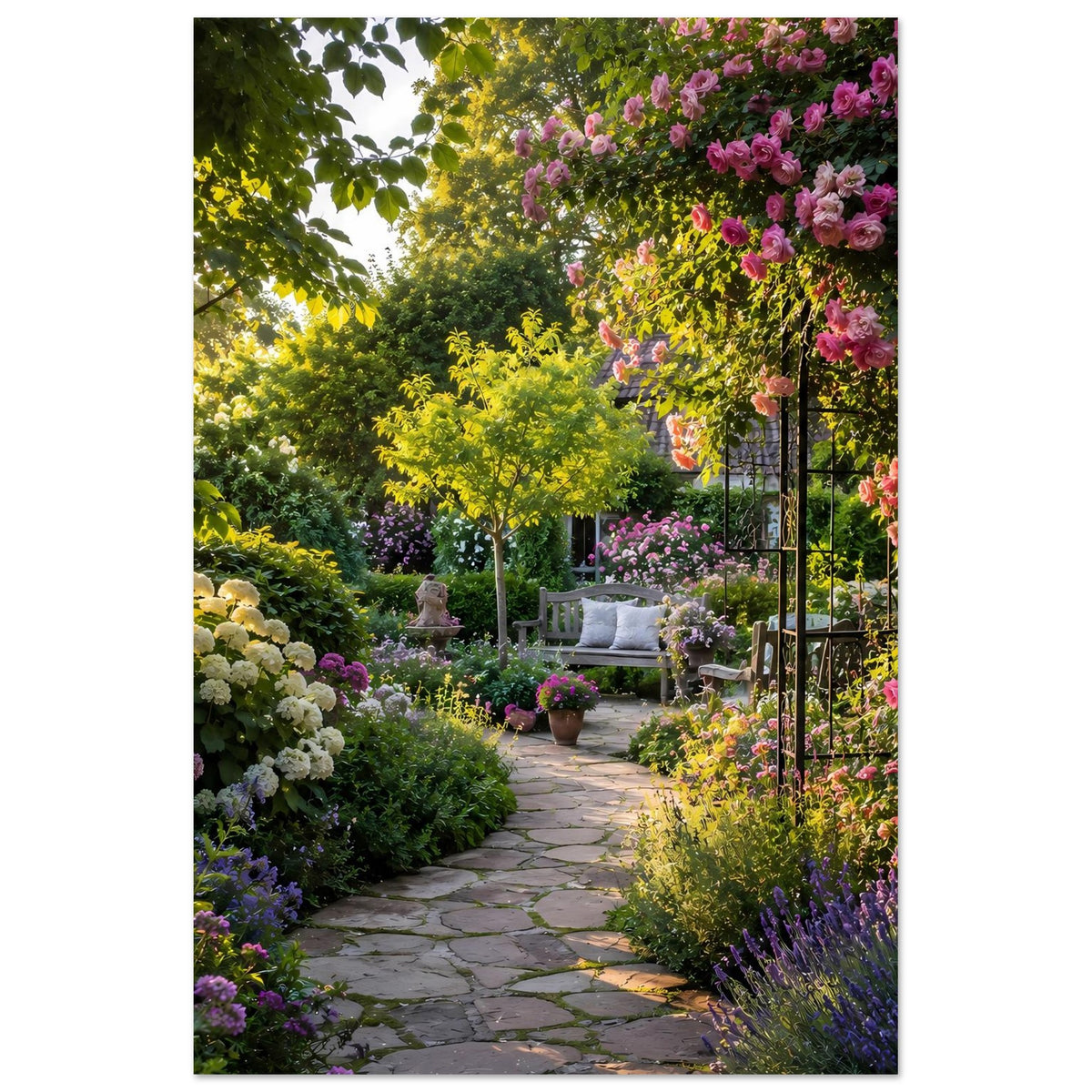 Poster Hochformat: schmaler Blick auf Gartenweg zwischen gelben Blütenbäumen und rosa Rosen