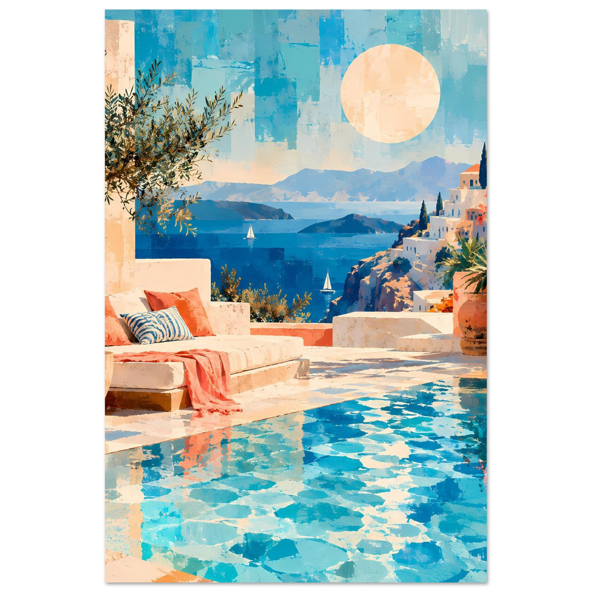 Mediterraner Kunstposter (hoch): Pool unten, Sonnenbild, Terrassenmauer, Pflanzen und Häuser