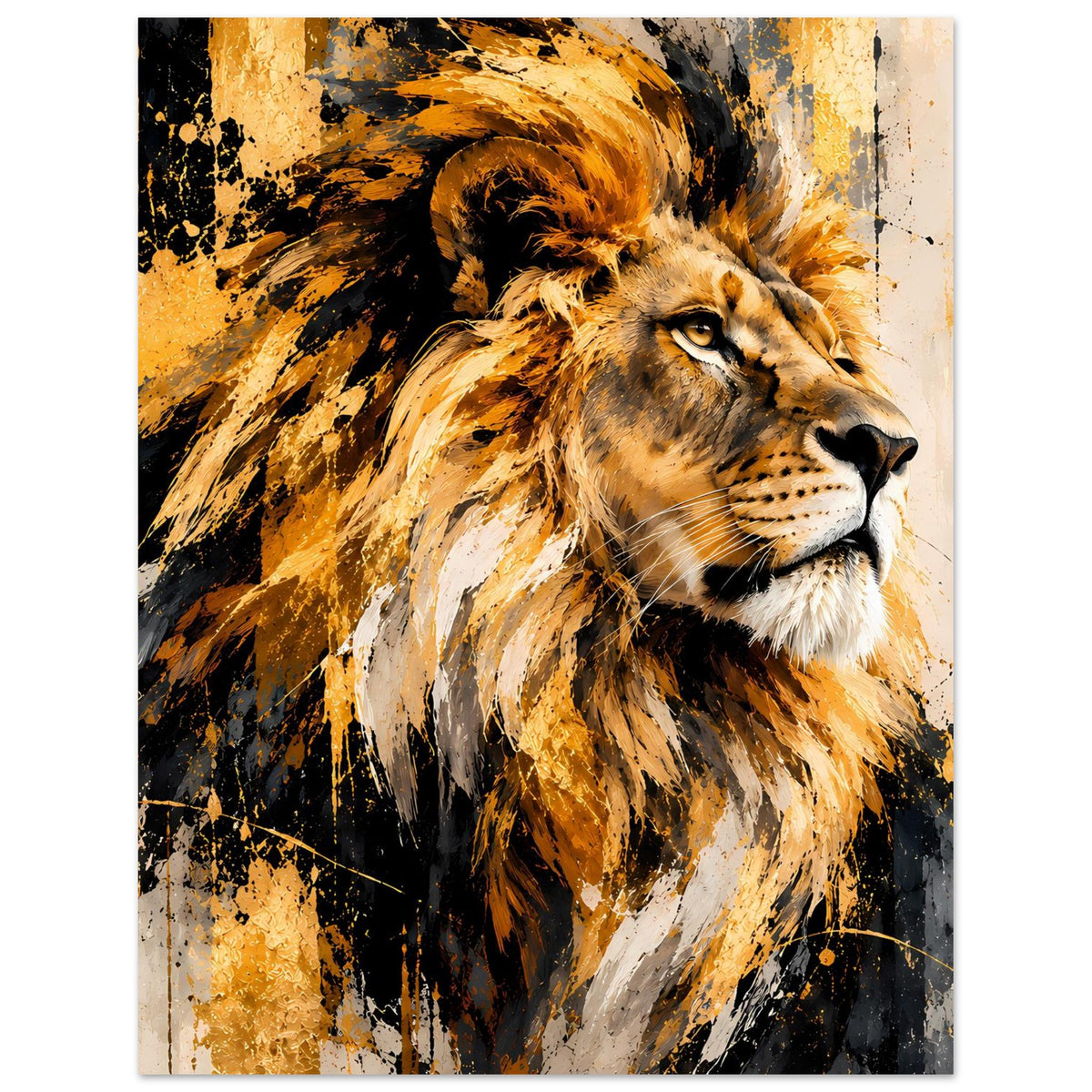 Löwenkopf Poster mit Leopardenfell-Details, warmes Gold auf dunklem Hintergrund