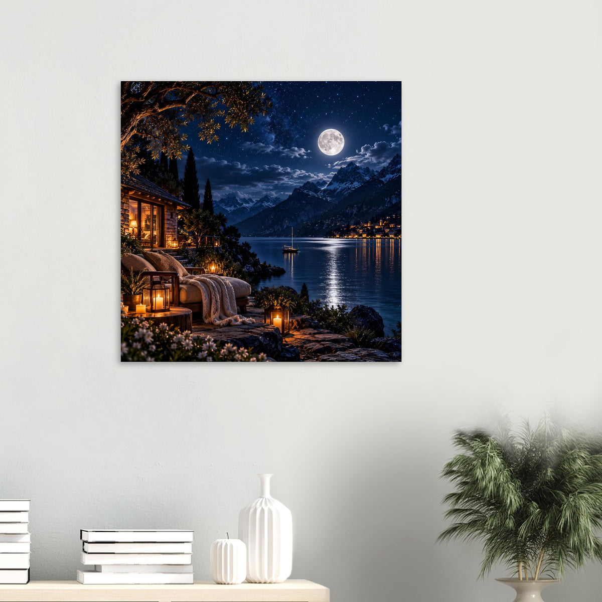 Poster an der Wand mit Bergsee bei Nacht, Vollmond, beleuchtetem Ufer und Laternen