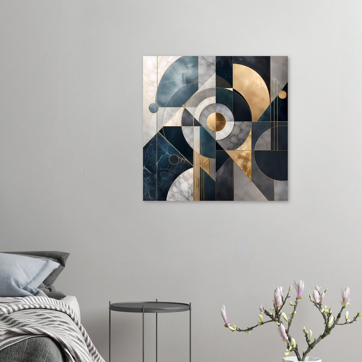 Abstraktes Kunstposter im Querformat, geometrisches Muster mit Kreisen in Blau, Grau und Gold