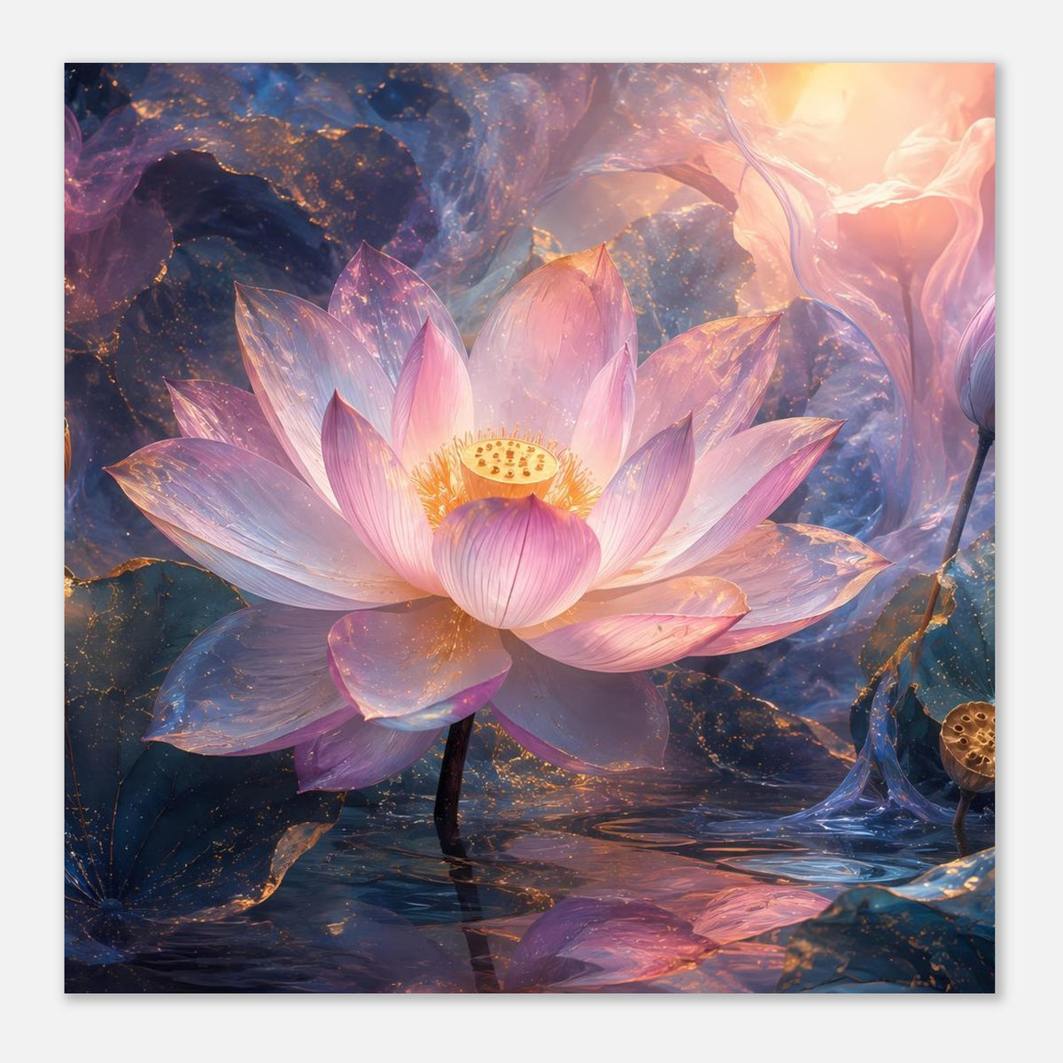 Magisches Lotusblüten-Poster mit zentraler rosa Lotusblüte, goldener Mitte und sanftem Lichtschimmer