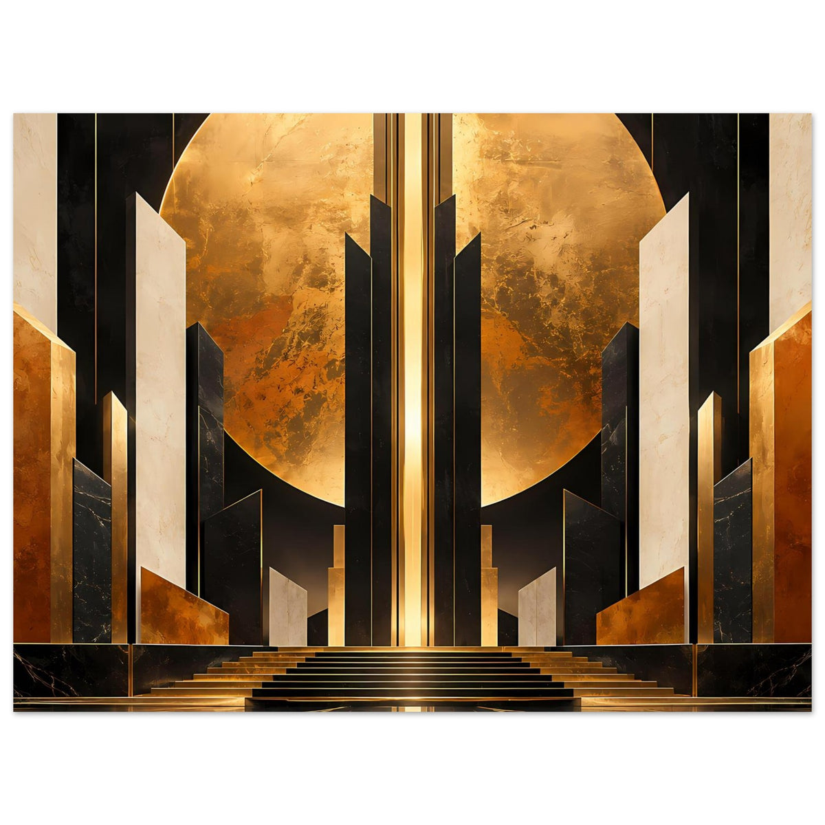 Art-Deco-Poster mit zentraler goldener Säule, Halbkreis und Stufen in Schwarz und Gold