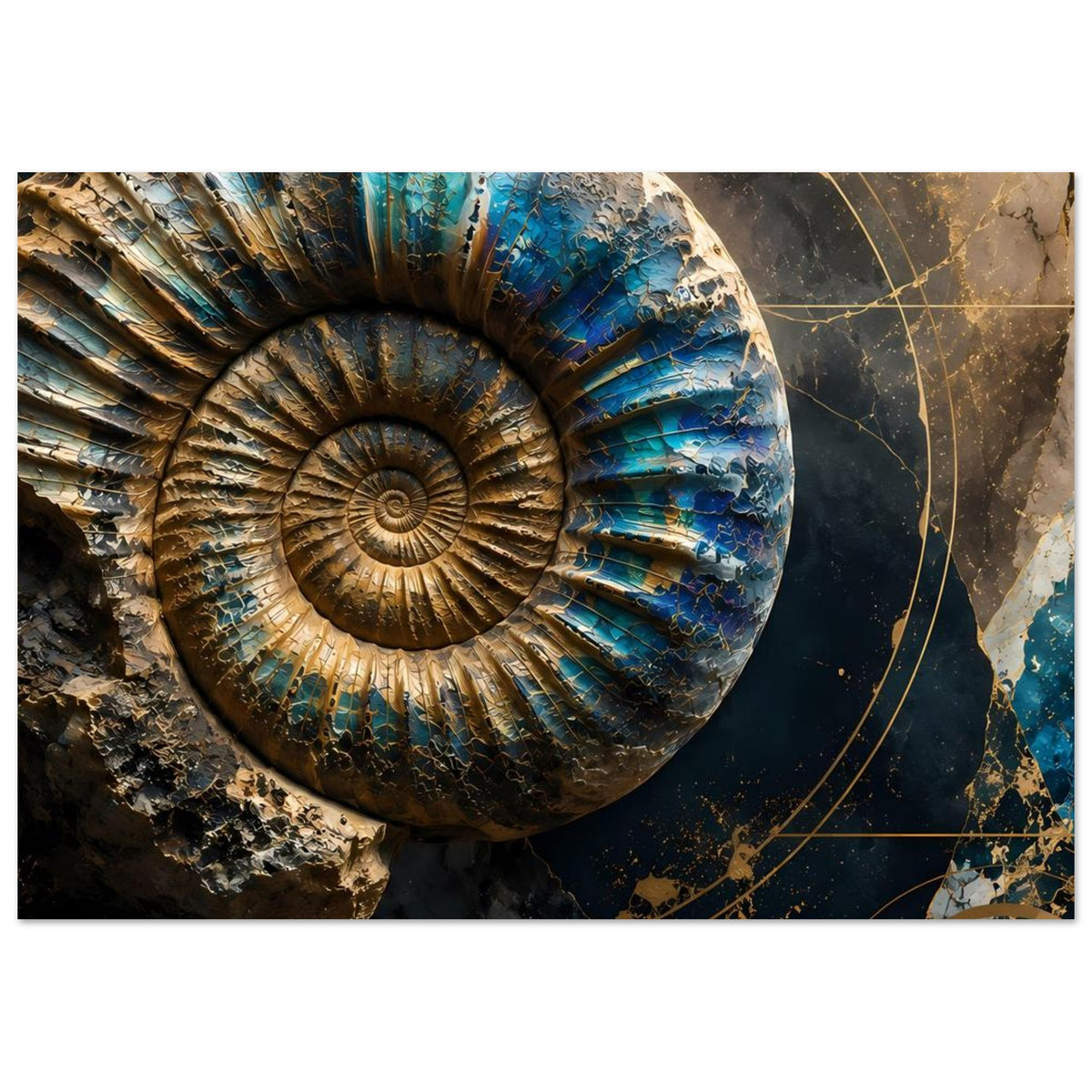 Kunstposter mit Ammonit-Fossil im Stil Petrol und Gold: reliefartige Spiralringe