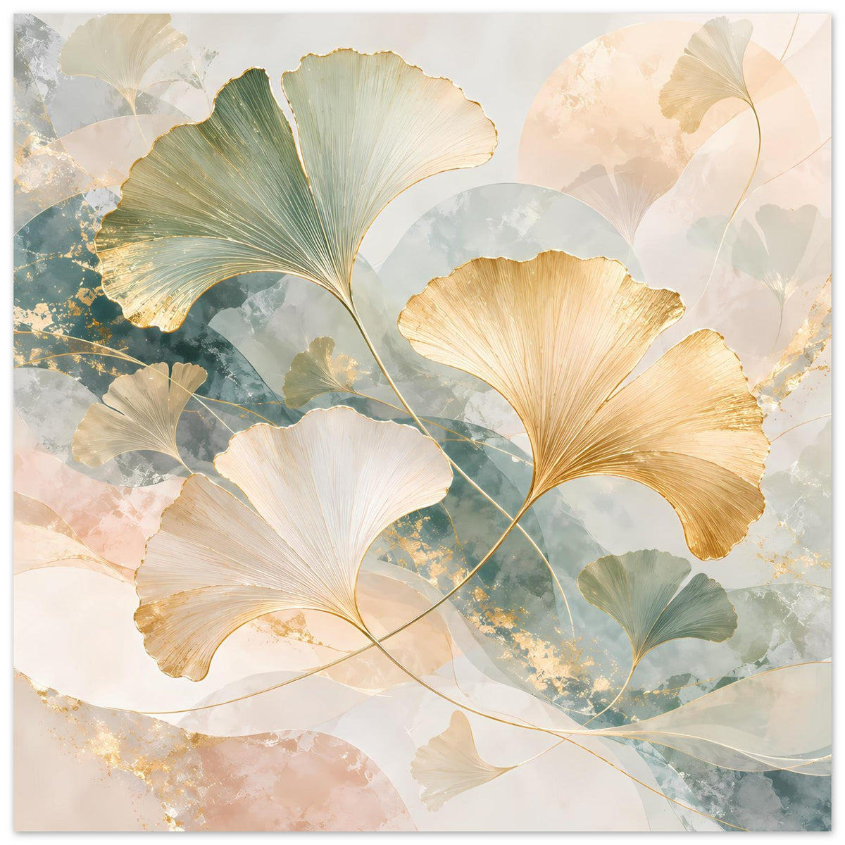 Quadratisches Poster mit Ginkgo-Blättern in Gold, Blaugrün und Creme