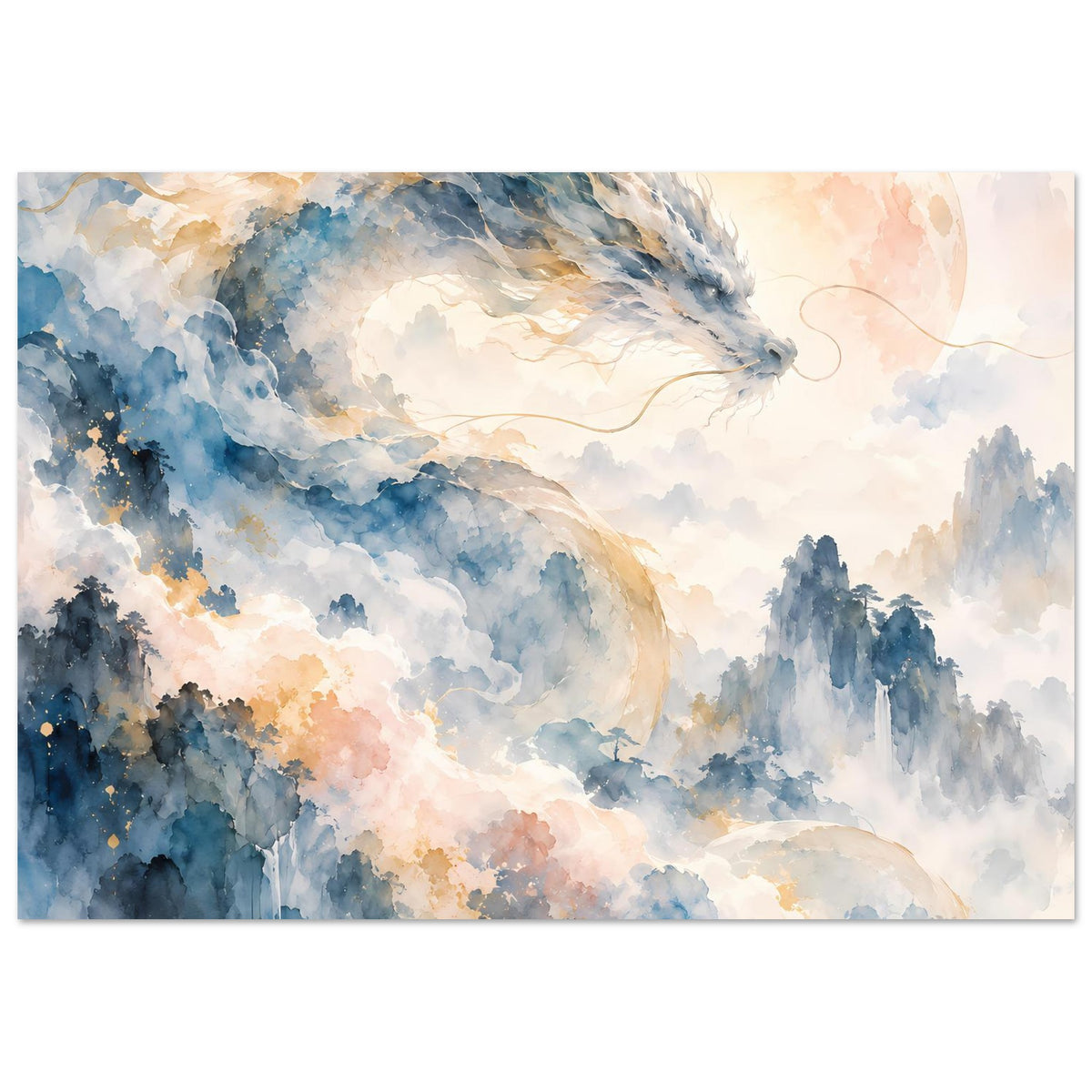 Fantasie-Aquarellposter in Querformat mit Drachen über nebligen Bergen und goldenem Licht