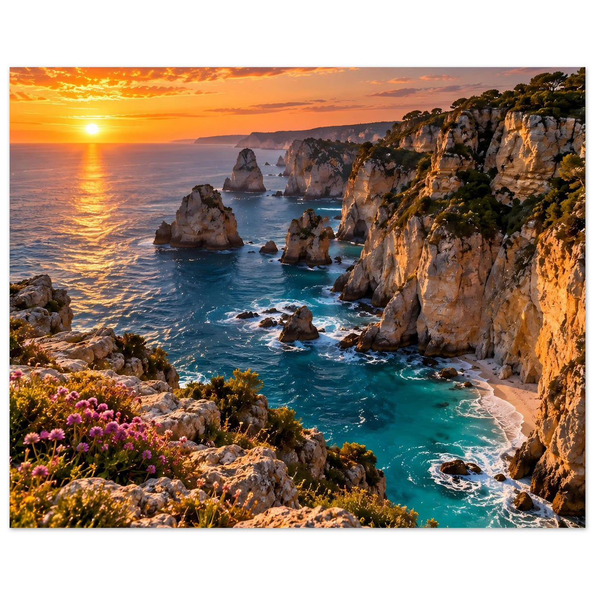 Küstenposter im Querformat mit Felsklippen bei Sonnenuntergang und türkisfarbenem Meer.