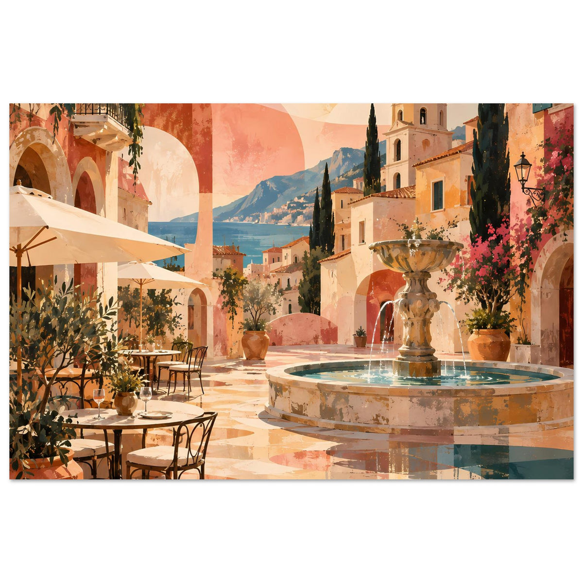 Mediterranes Poster im Querformat: mediterraner Innenhof mit Brunnen, Säulenbögen und Kübelpflanzen