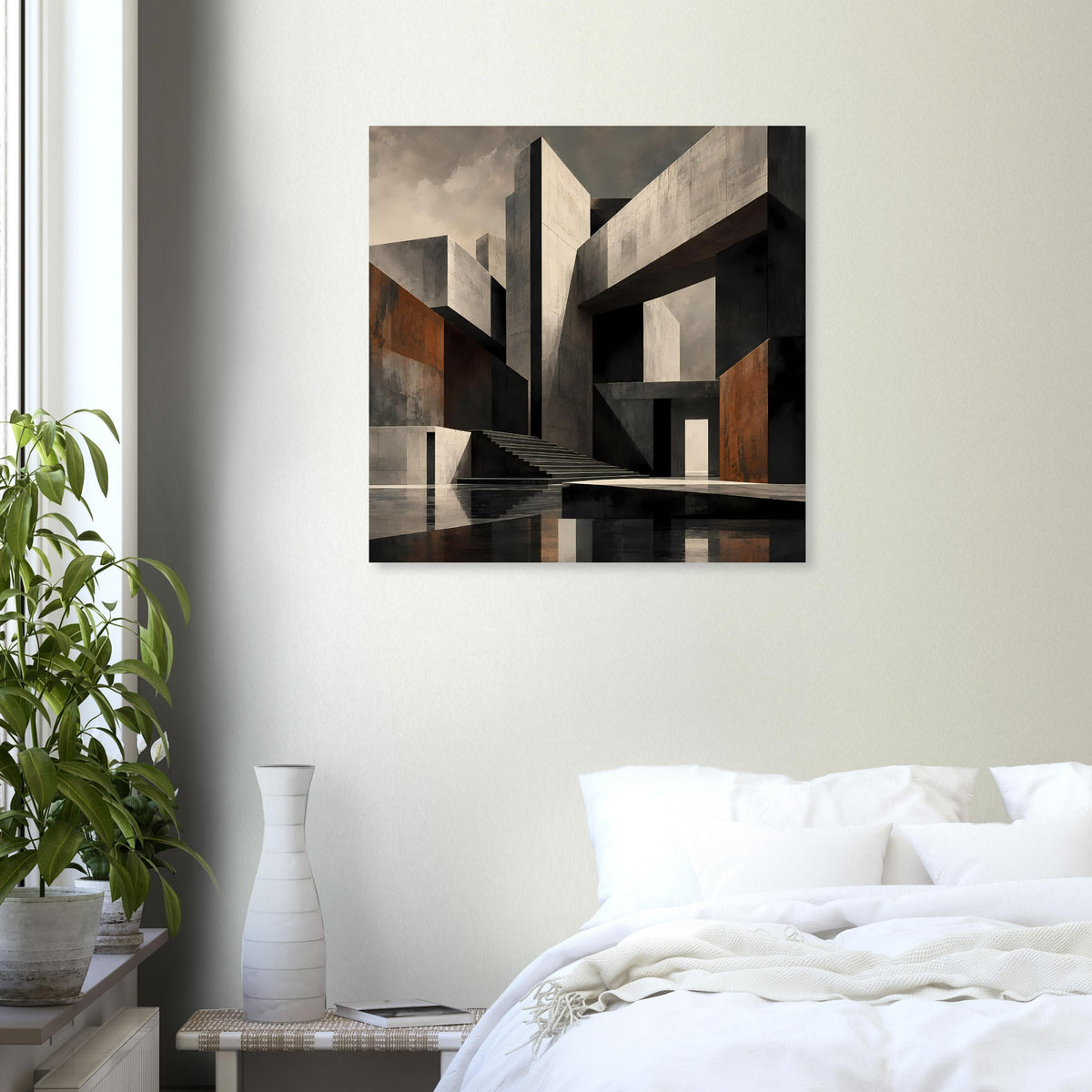 Abstraktes Architekturposter mit Blockwänden in Schwarz, Grau und beigen Flächen
