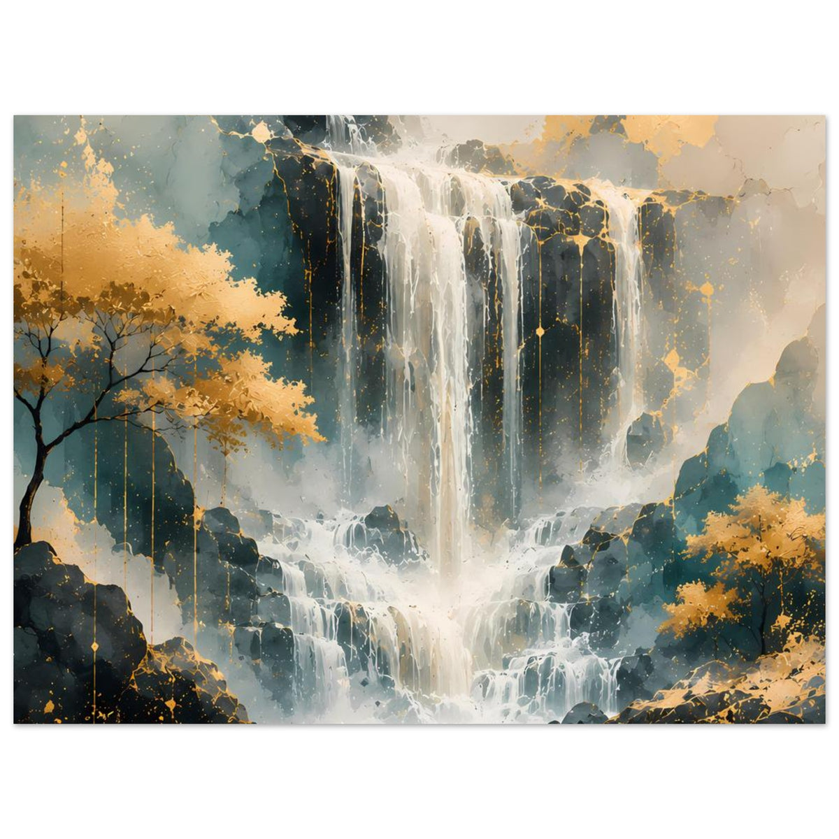 Kunstdruck-Poster mit Wasserfall, goldene Akzente über dunklen Felsen, See unten