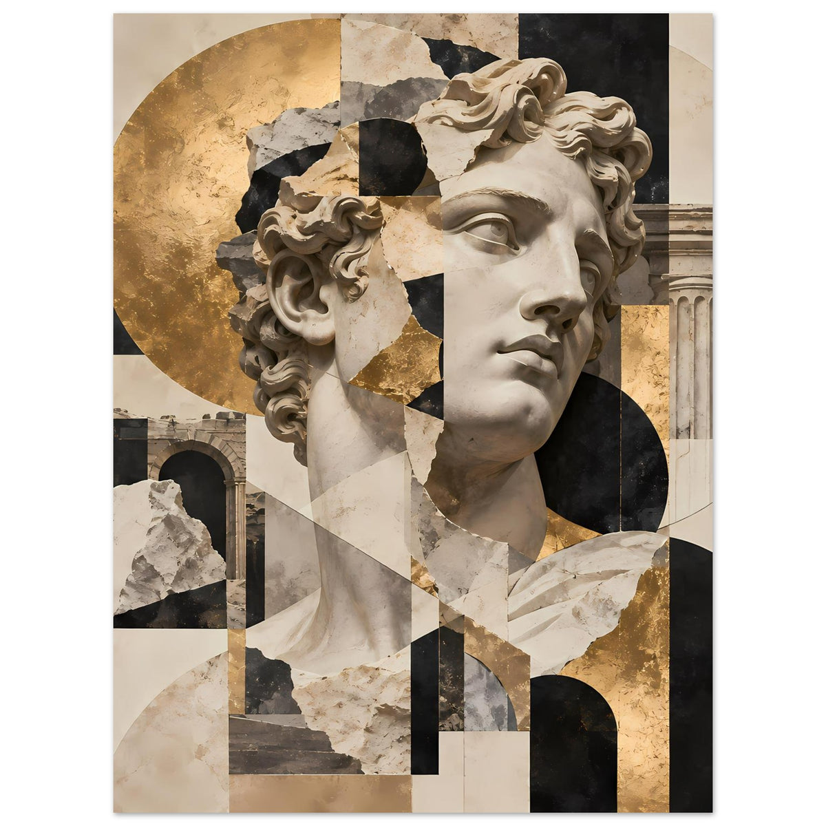 Hochformatiges Poster mit Porträtbüste, abstrakten Rechtecken und goldenen Flächen