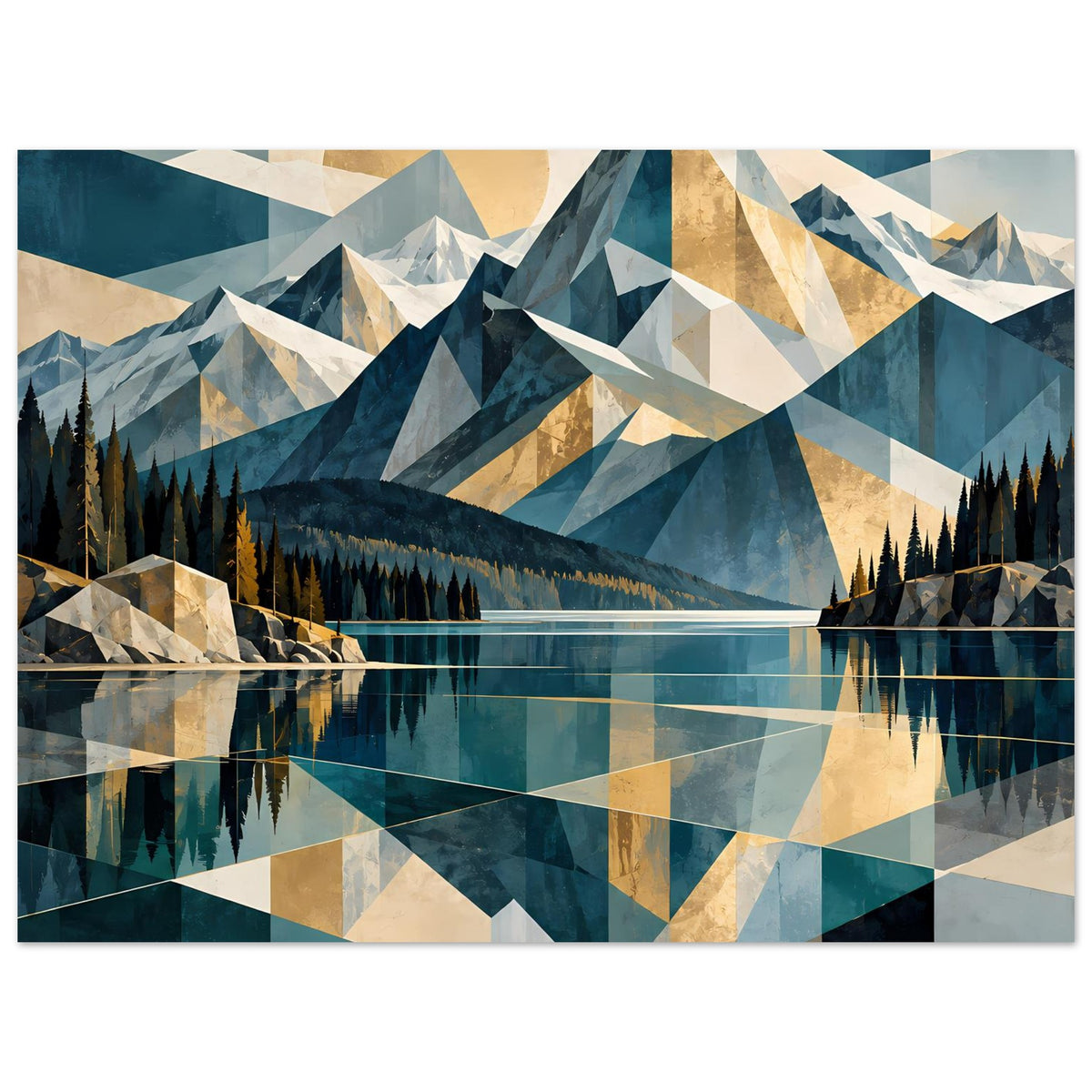 Kunstposter mit geometrischen Bergen, Tannenwald, spiegelndem See und Sonnenkreis in Blau/Beige