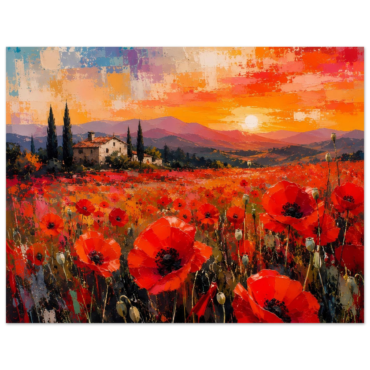Poster mit roten Blumen und Zypressen, Abendhimmel mit heller Sonne