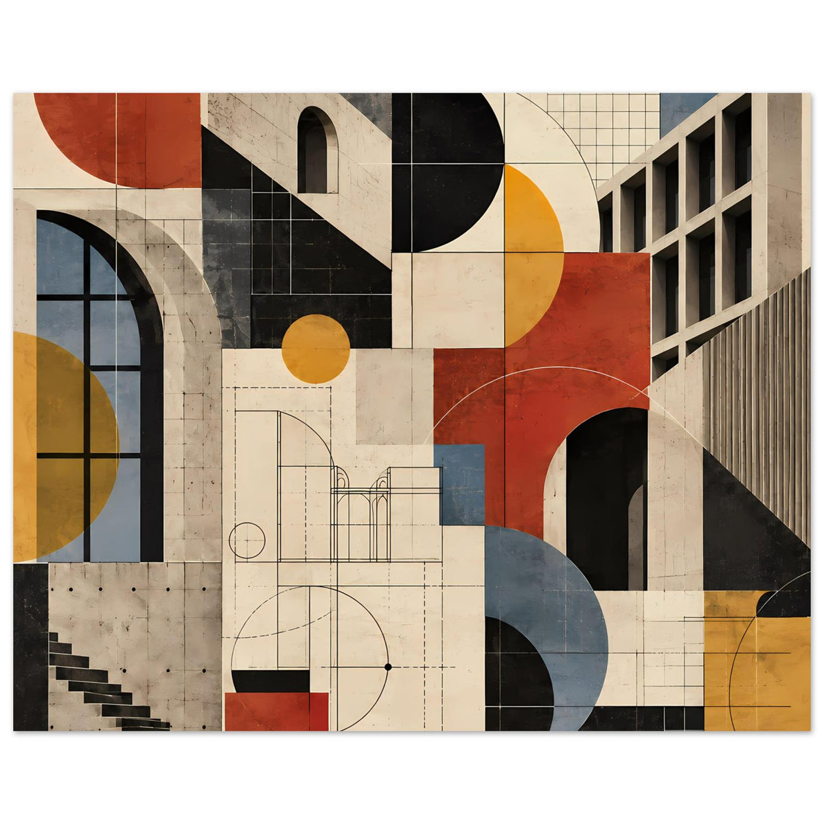 Kunstposter mit großem Architektur-Layout, Kreise, Rechtecke und Linien in warmem Terrakotta