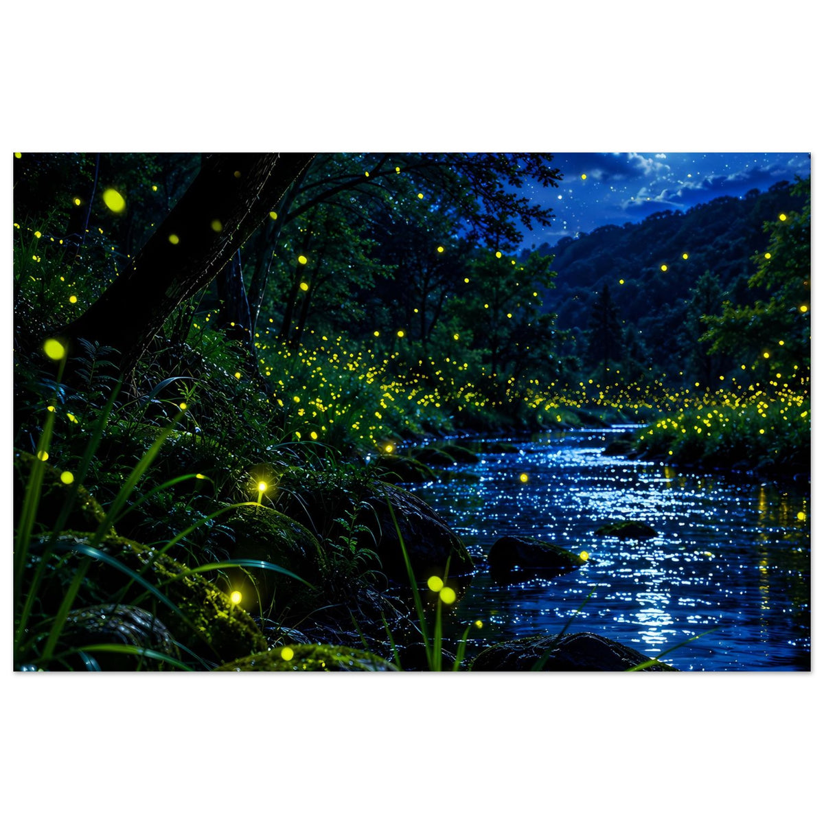 Poster Waldnacht am Fluss, Mond und Glühwürmchen zwischen Bäumen und Gras
