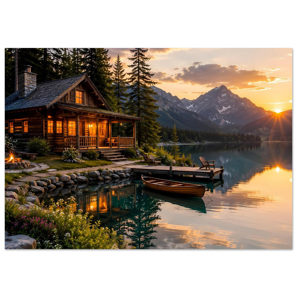 Querformat-Poster mit Blockhütte am See, Steg und Boot, Sonnenuntergang am Horizont
