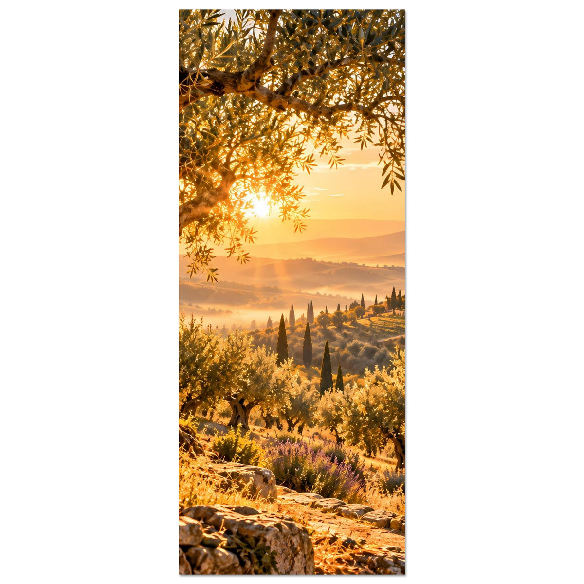 Vertikales Landschaftsposter mit Olivenzweigen, Sonnenaufgang über Hügeln und Zypressen