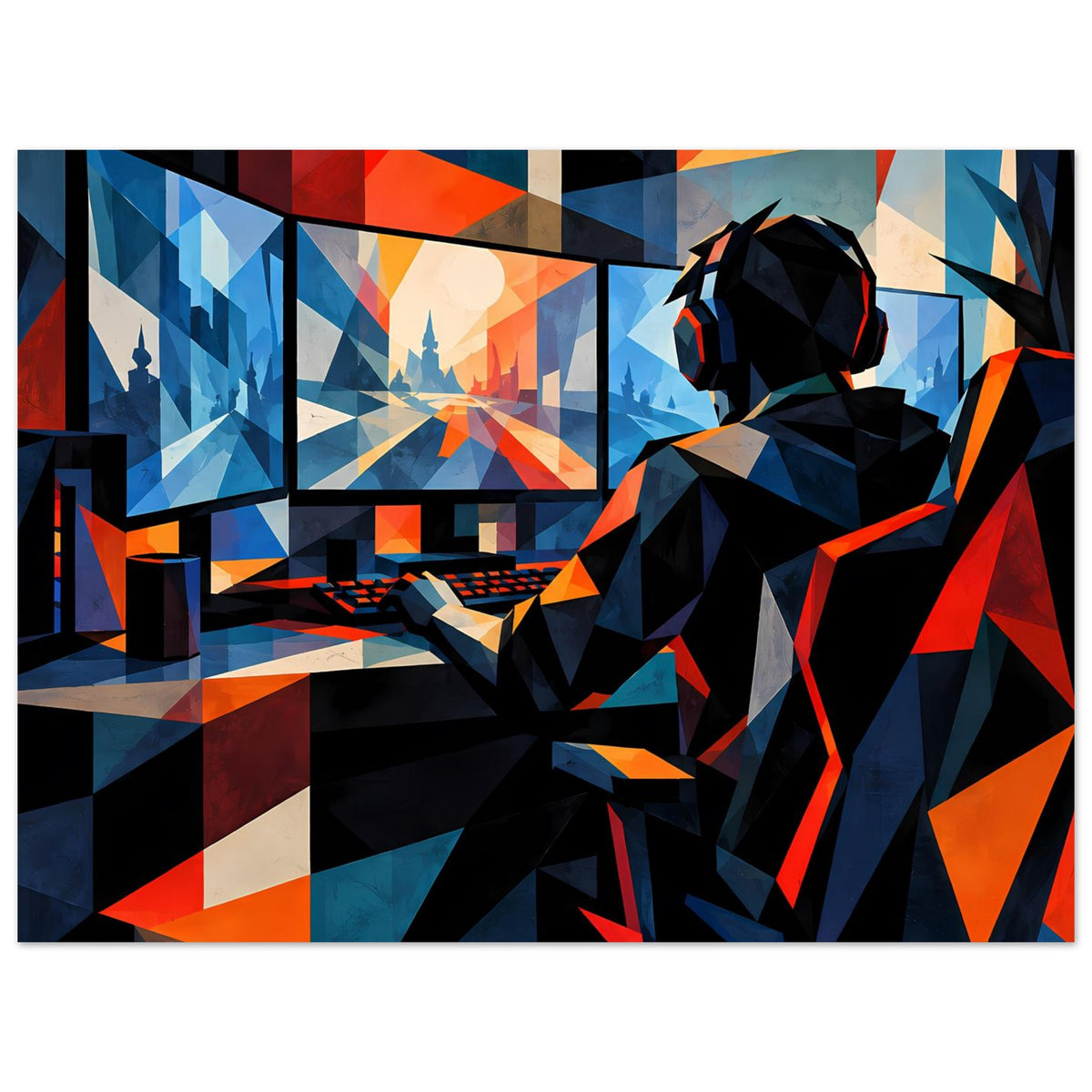 Gaming-Poster im Querformat: Gamer mit Kopfhörern, dynamisches Blau-Orange Polygonmuster