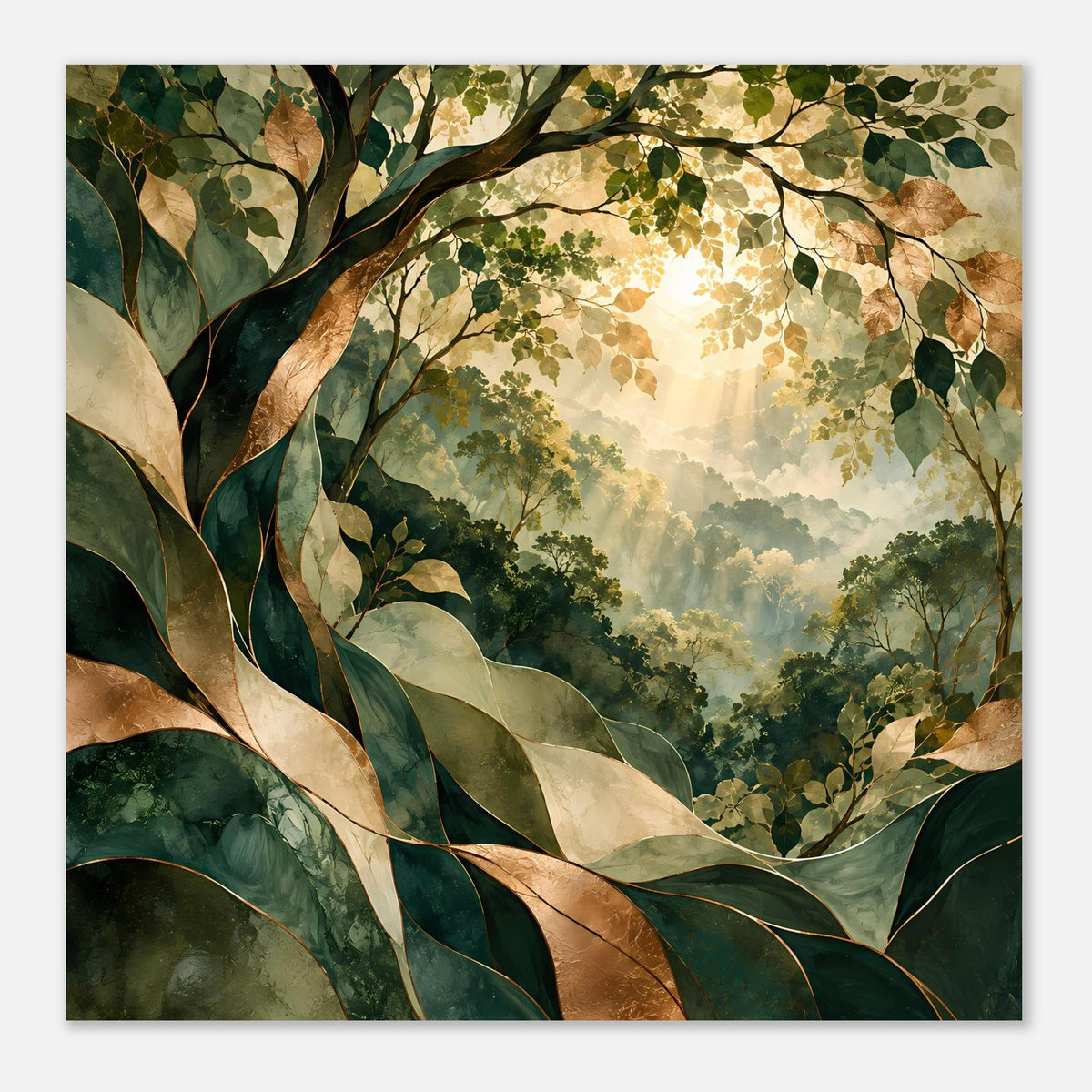 Quadratisches Natur-Poster, Detailansicht von Blättern und Baumkronen im Wald