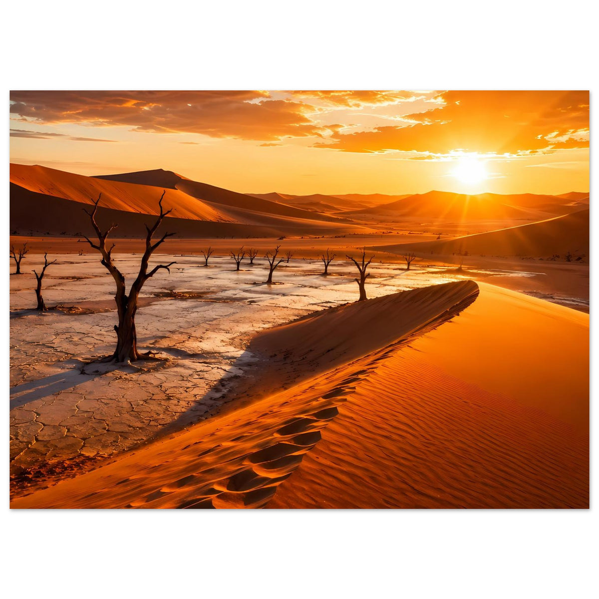 Horizontales Poster mit Sonnenaufgang über Dünen, kahlen Bäumen und Sandwellen
