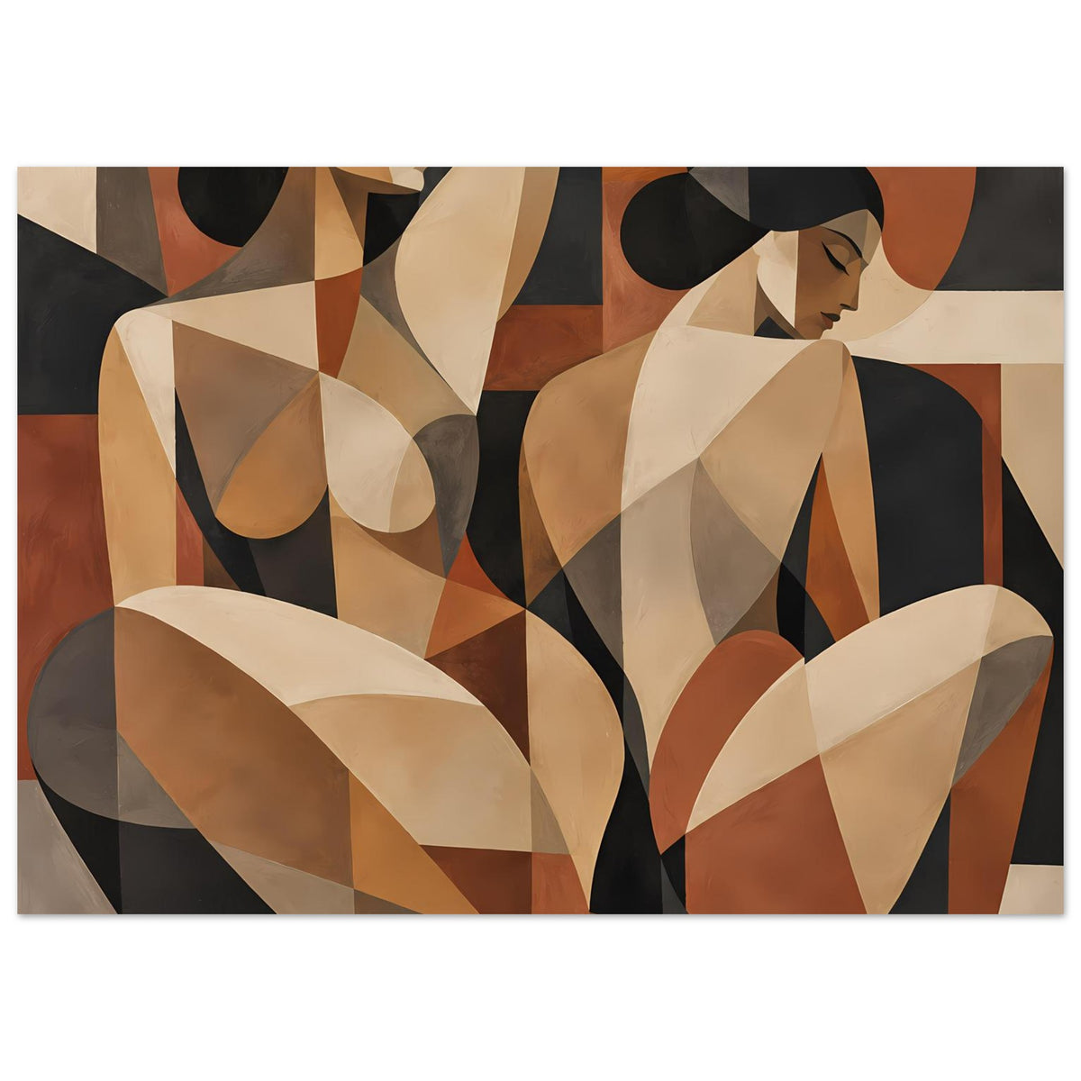 Poster im Querformat: stilisierte Frauenfiguren in Beige, Braun, Schwarz und Rosttönen