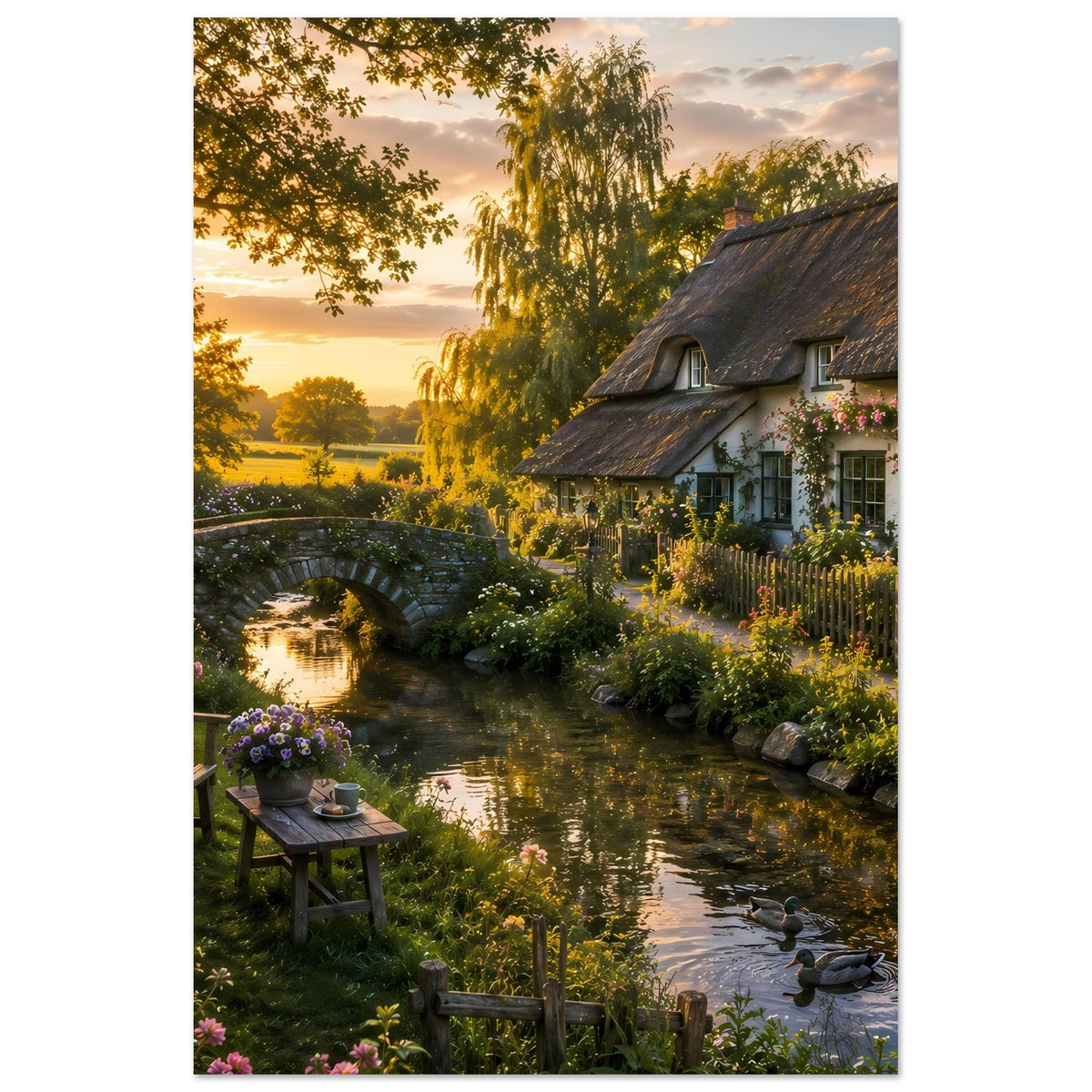 Landhaus-Poster: Reetdachhaus am Bach, Blumenrabatten und Steinbogenbrücke im Abendlicht