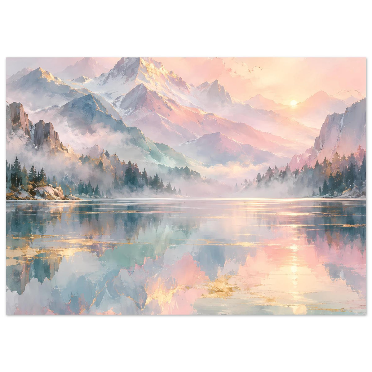 Querformat-Poster: mehrfarbige Berge in Pastelltönen, Sonnenlicht und spiegelnder See.