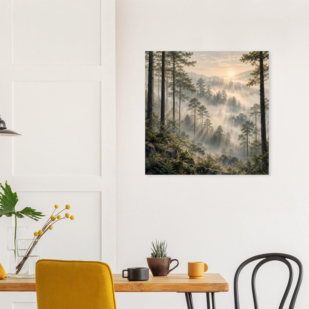 Gerahmtes Poster: bewaldete Landschaft mit weichem Nebel und goldenen Sonnenstrahlen