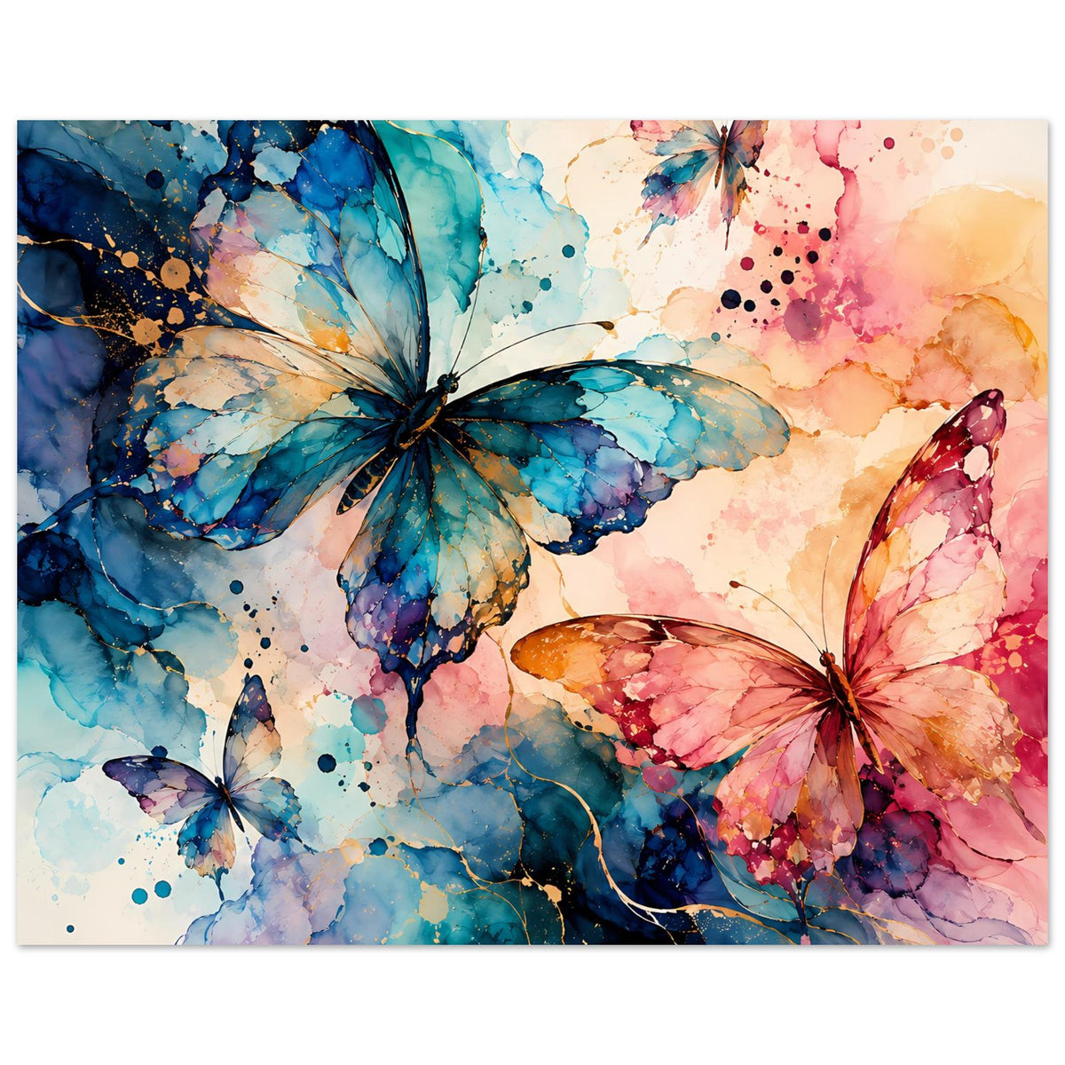 Aquarell-Schmetterlingsposter im Querformat, blaue und rosafarbene Schmetterlinge, Sprenkel