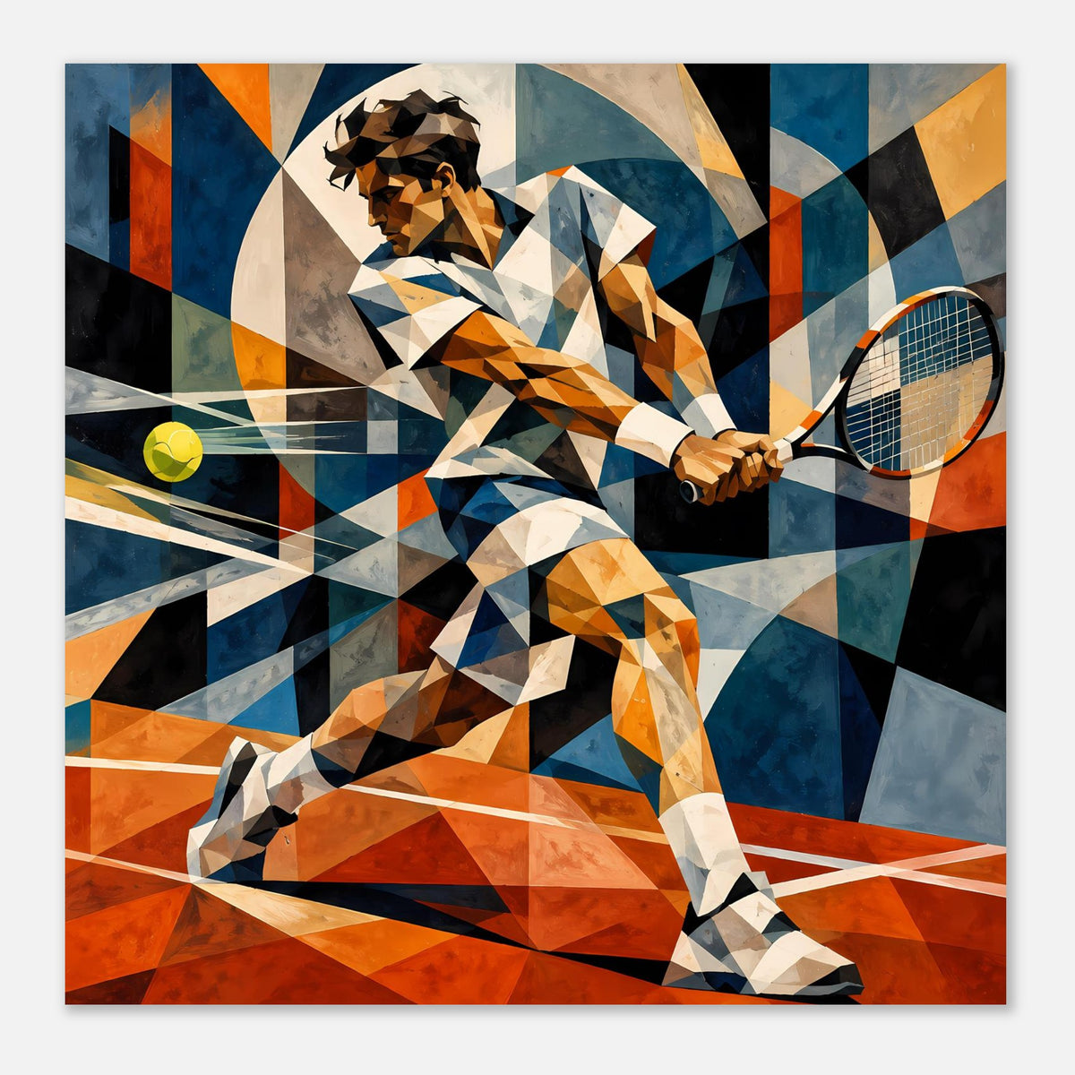 Kunstposter (quadratisch) mit abstraktem Tennisspieler, Schläger und gelbem Ball