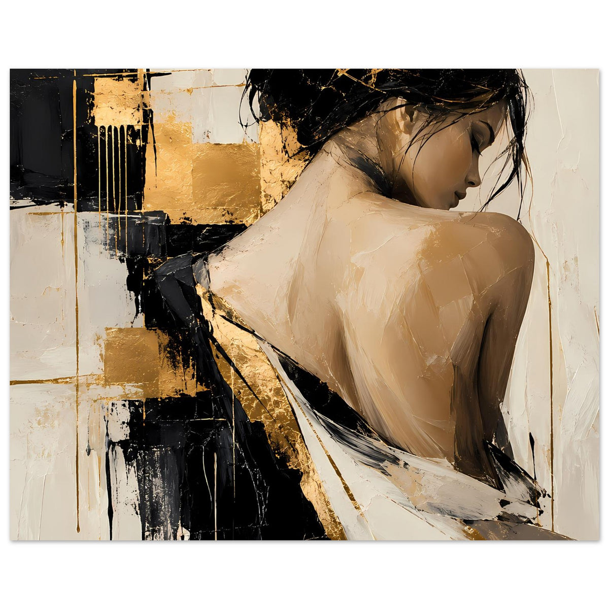 Abstraktes Damenportrait-Poster: Frau im Profil, schwarze und goldene Pinselstriche, Beige