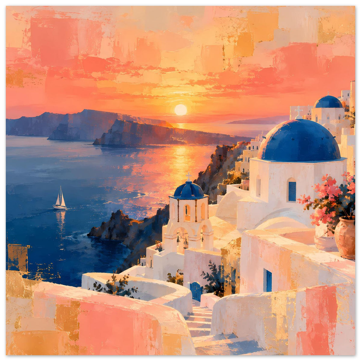 Poster mit Sonnenuntergang, Meeresbucht und weißen Häusern mit blauen Kuppeln, horizontal