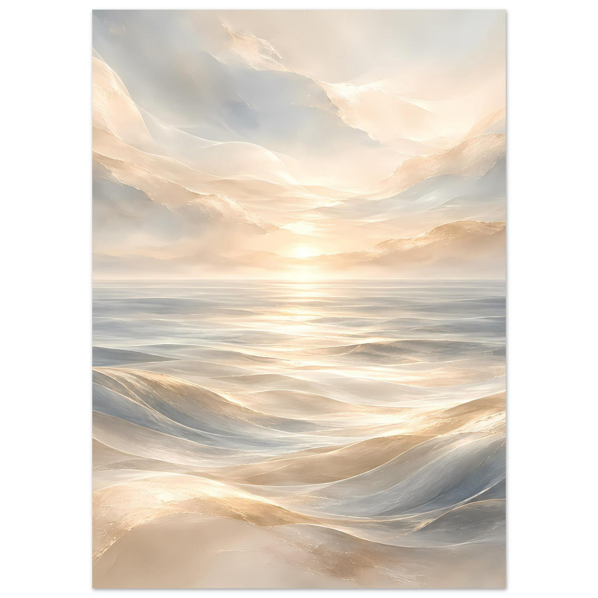 Ozeanwellen-Poster mit warmem Sonnenaufgang, sichtbare Wellenkämme in Beige- und Hellgrautönen