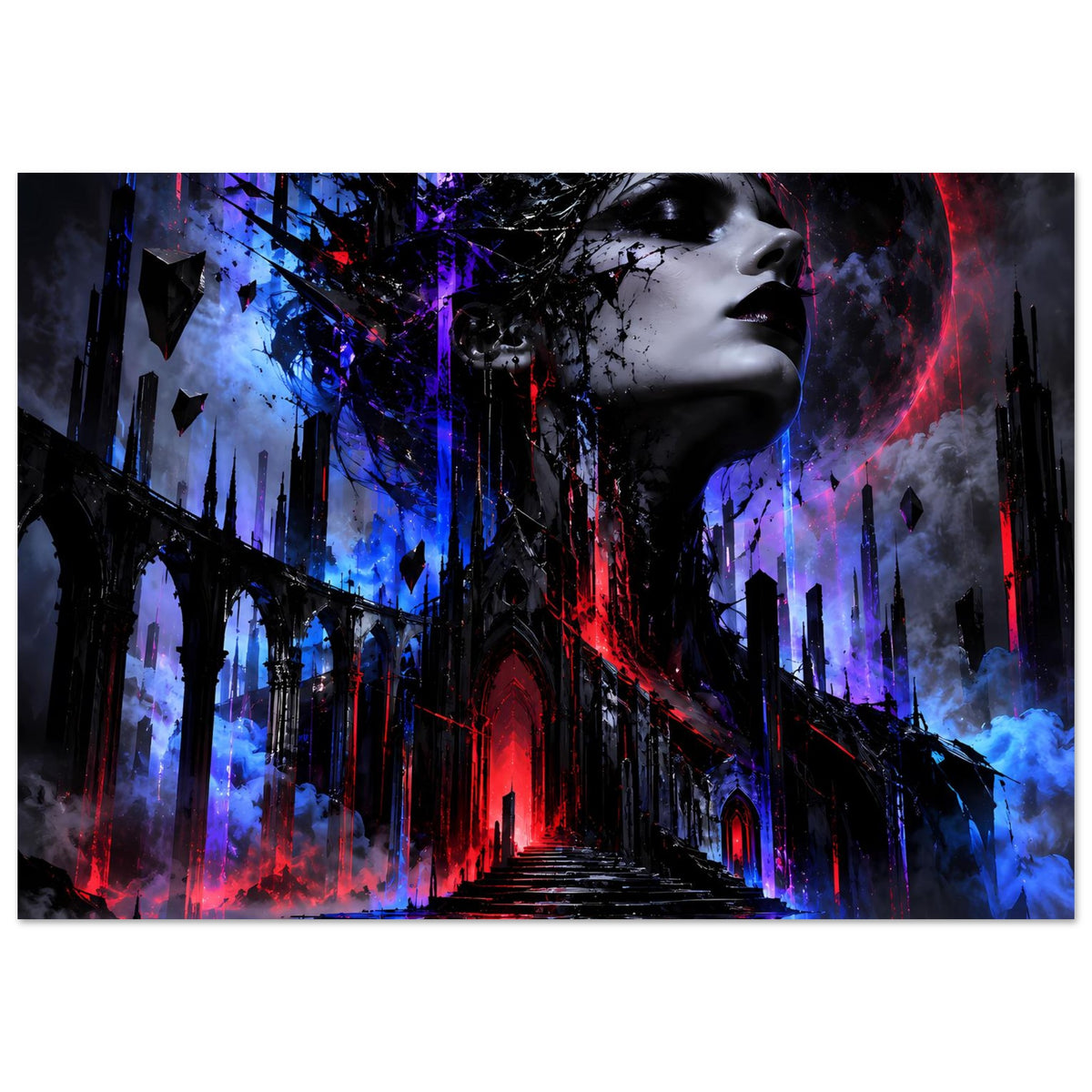 Neon-Gothic-Poster: Gesicht im Profil, dunkle Gasse, roter Halo, blaues Leuchten