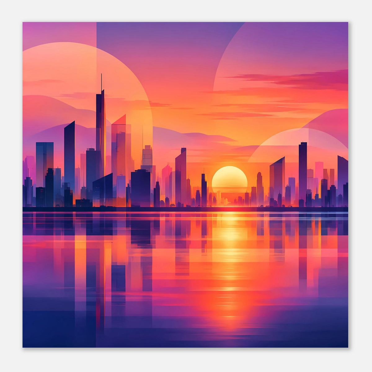 Stadtposter horizontal mit neonfarbener Skyline, Sonnenuntergang und Spiegelung in Blau-Rosa