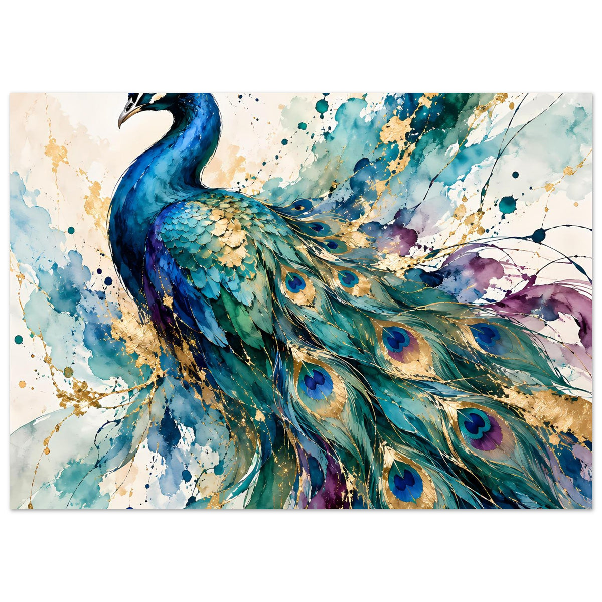 Aquarell-Pfau-Poster (Querformat) mit blauem Pfaukopf und mehrfarbigen Augenfedern
