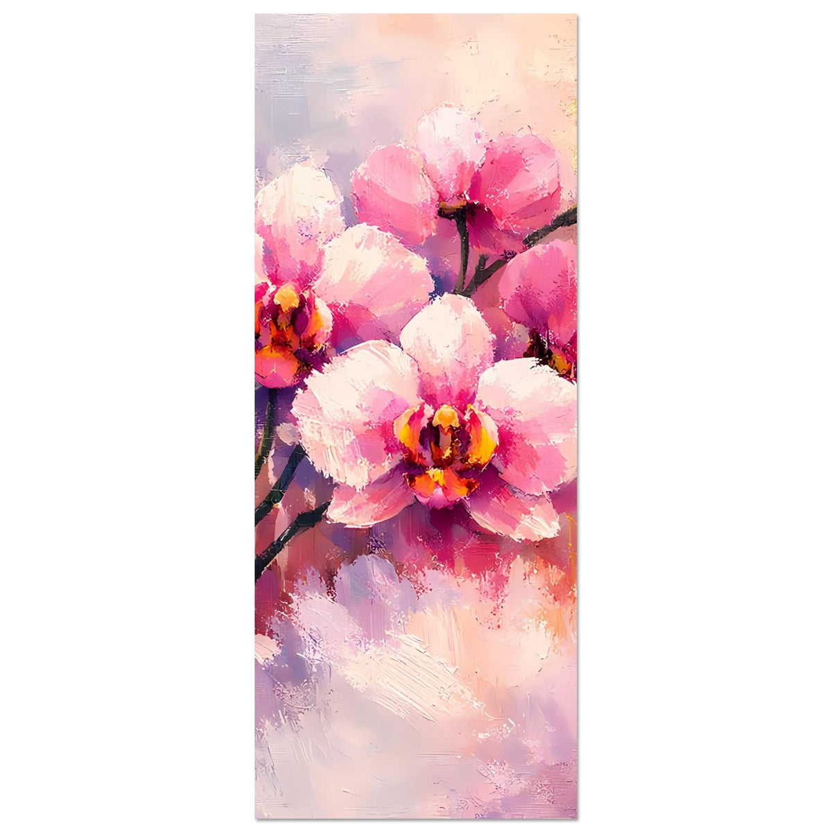 Schmales Hochkant-Poster mit rosa und weißen Orchideenblüten sowie goldenen Akzenten