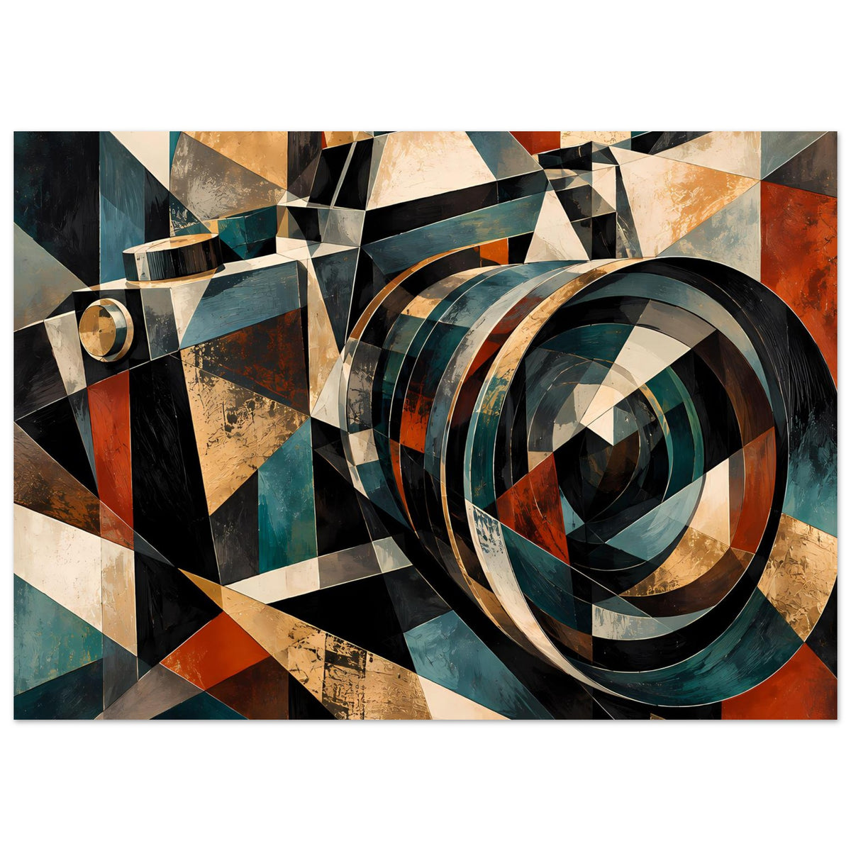 Geometrisches Kamera-Retroposter mit abstrakten Dreiecken und geschwungenen Kreisformen